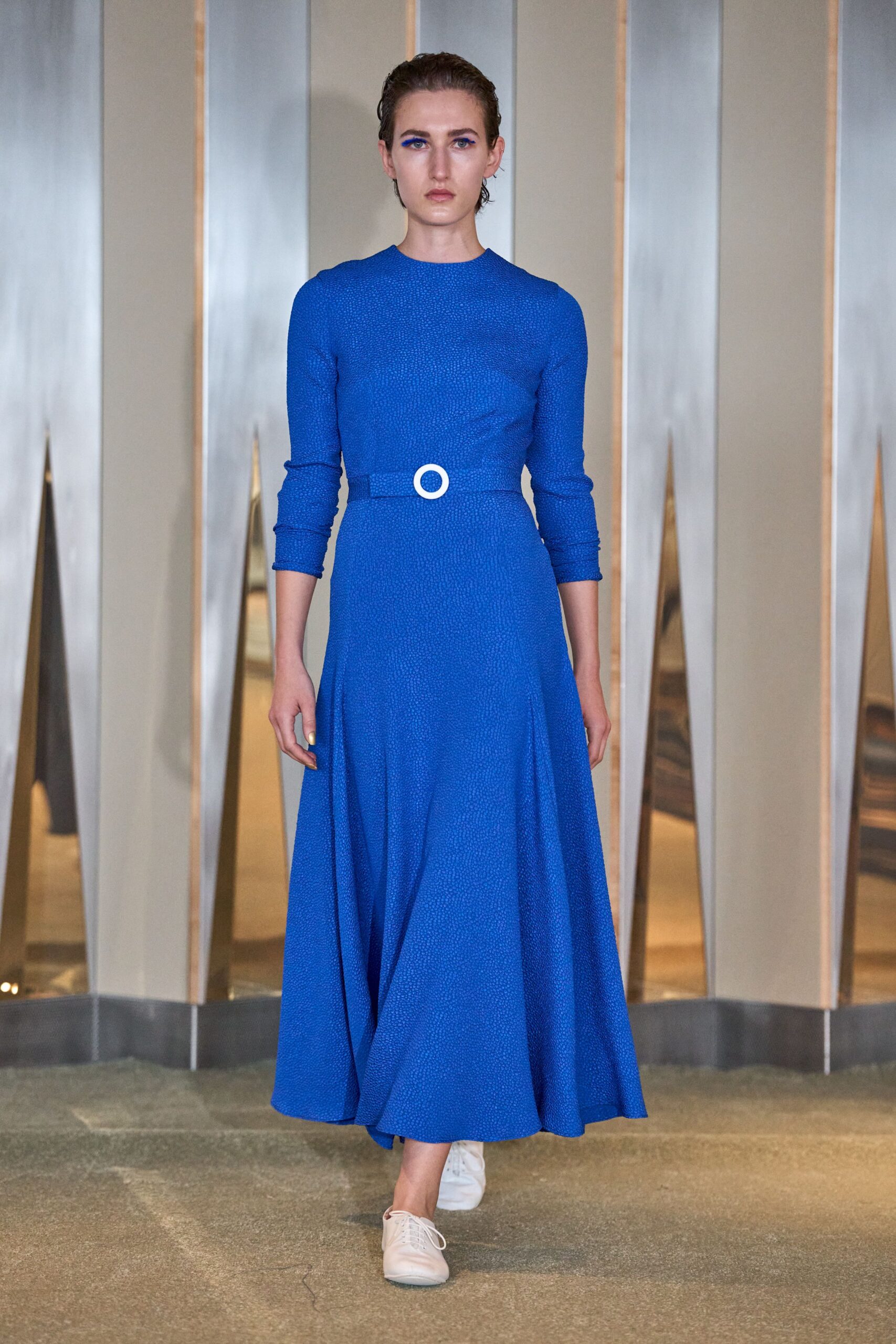 blue cotton long-sleeve collared fitted belted flared dress
