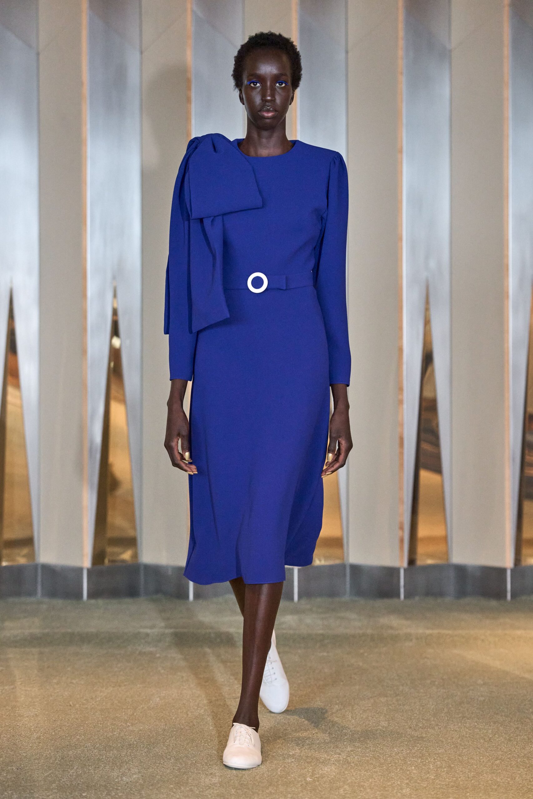blue silk long-sleeve collared fitted belted draped dress