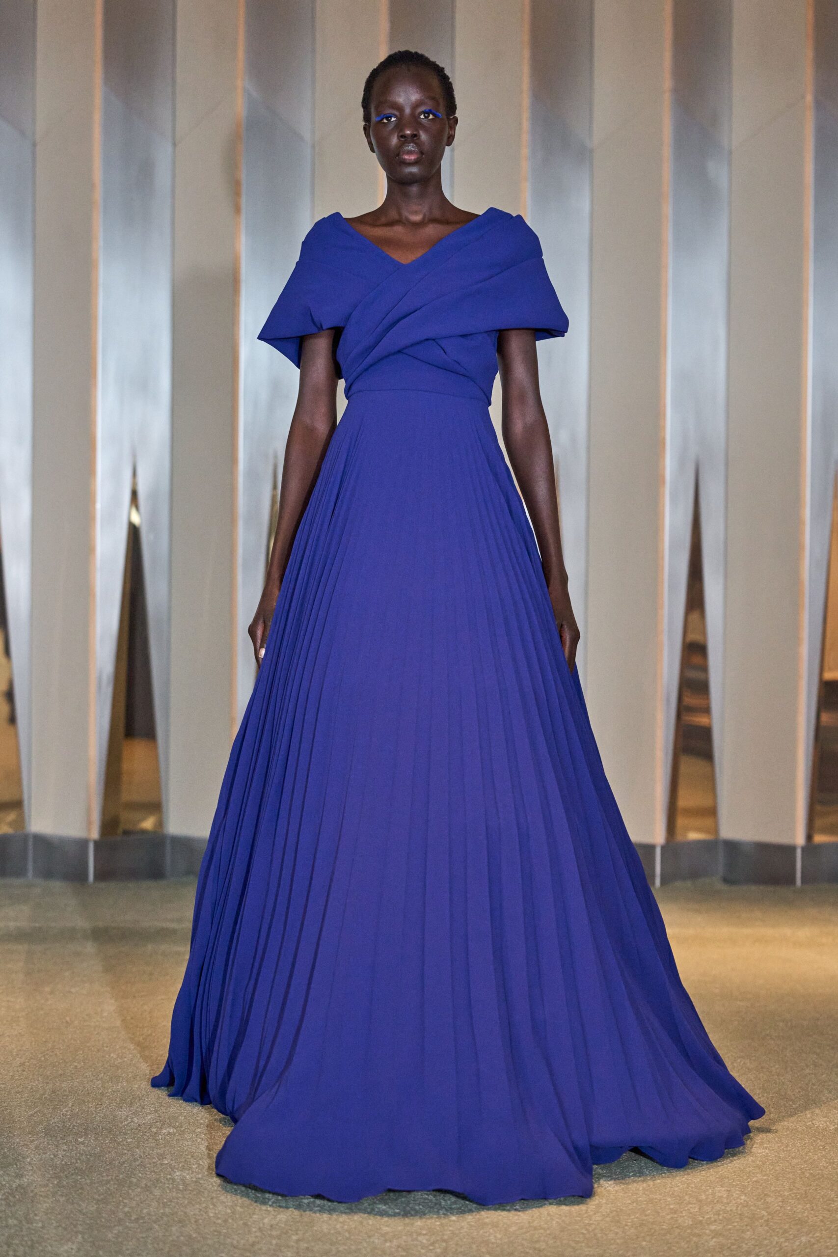 blue pleated silk gown
