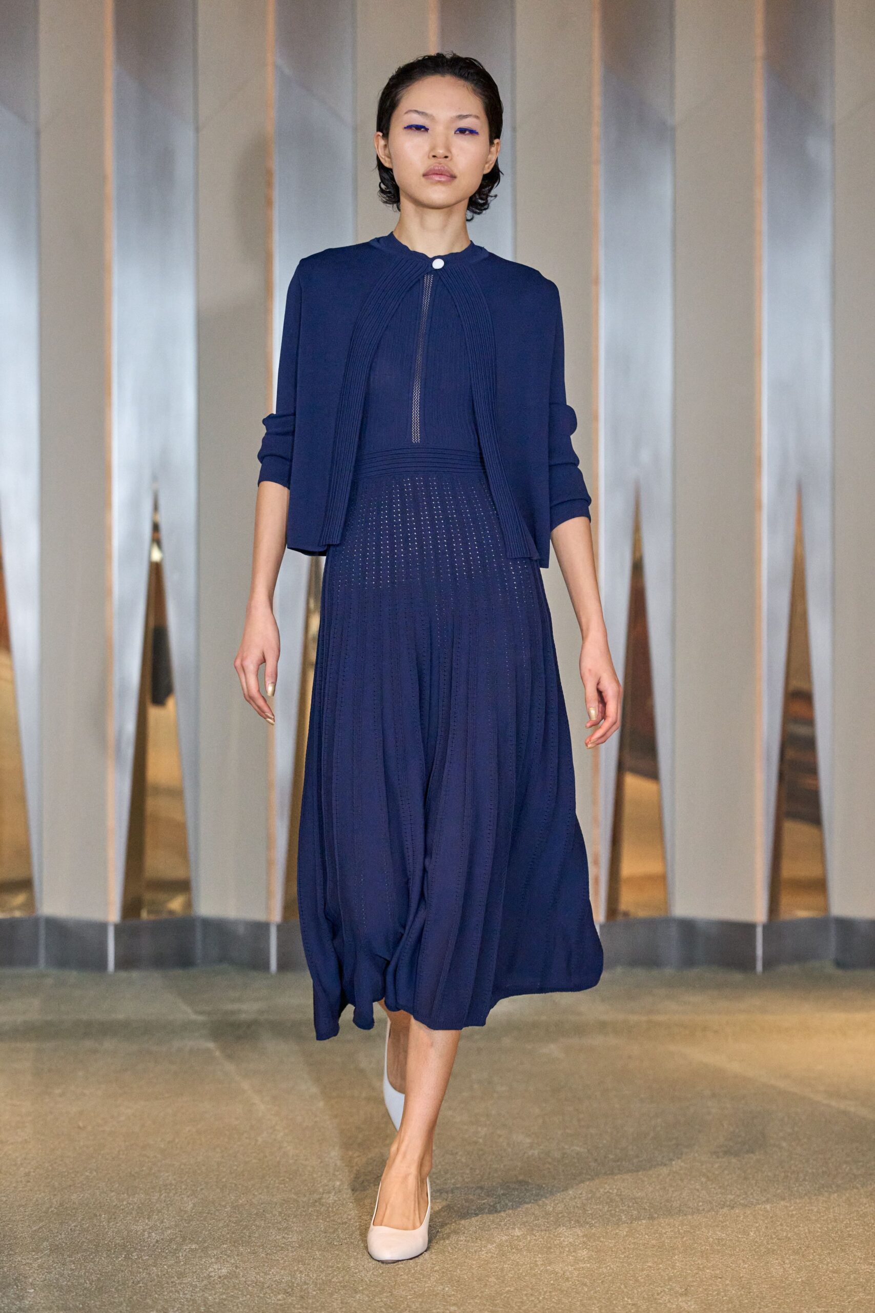 blue cotton sleeveless v-neck fitted pleated midi dress