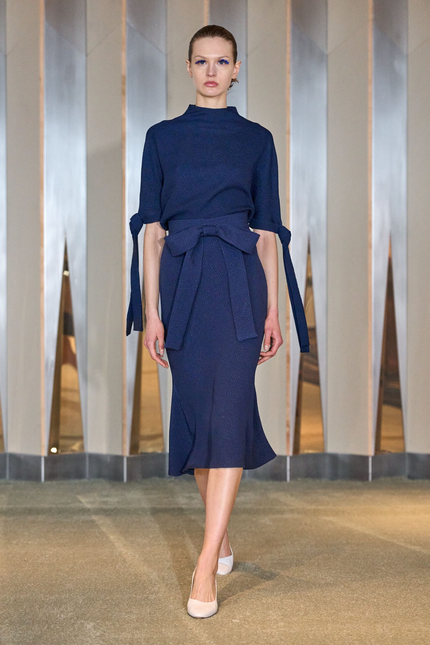 blue cotton long-sleeve high-neck fitted belted tiered dress
