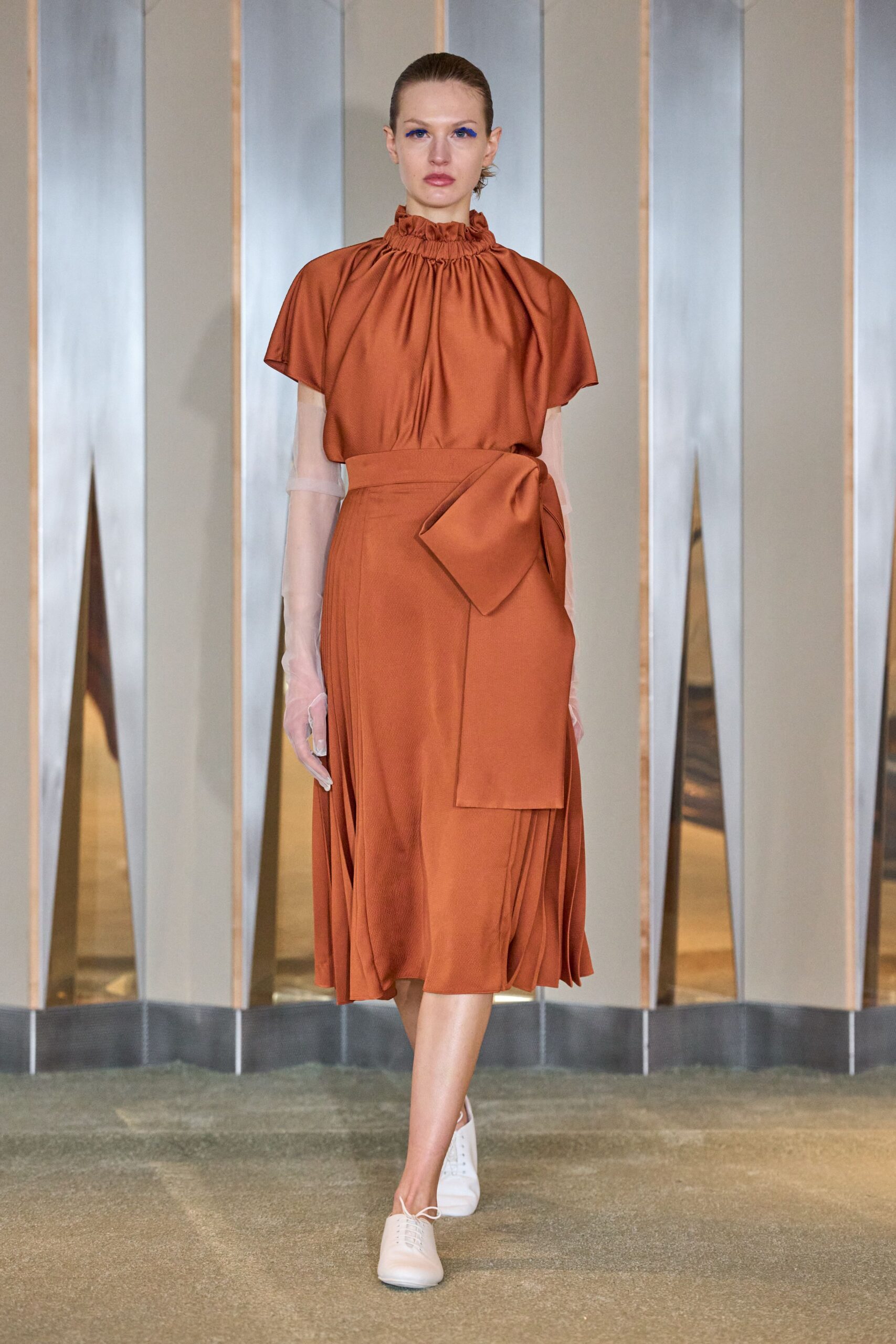 orange silk short-sleeve high-neck fitted pleated belted dress