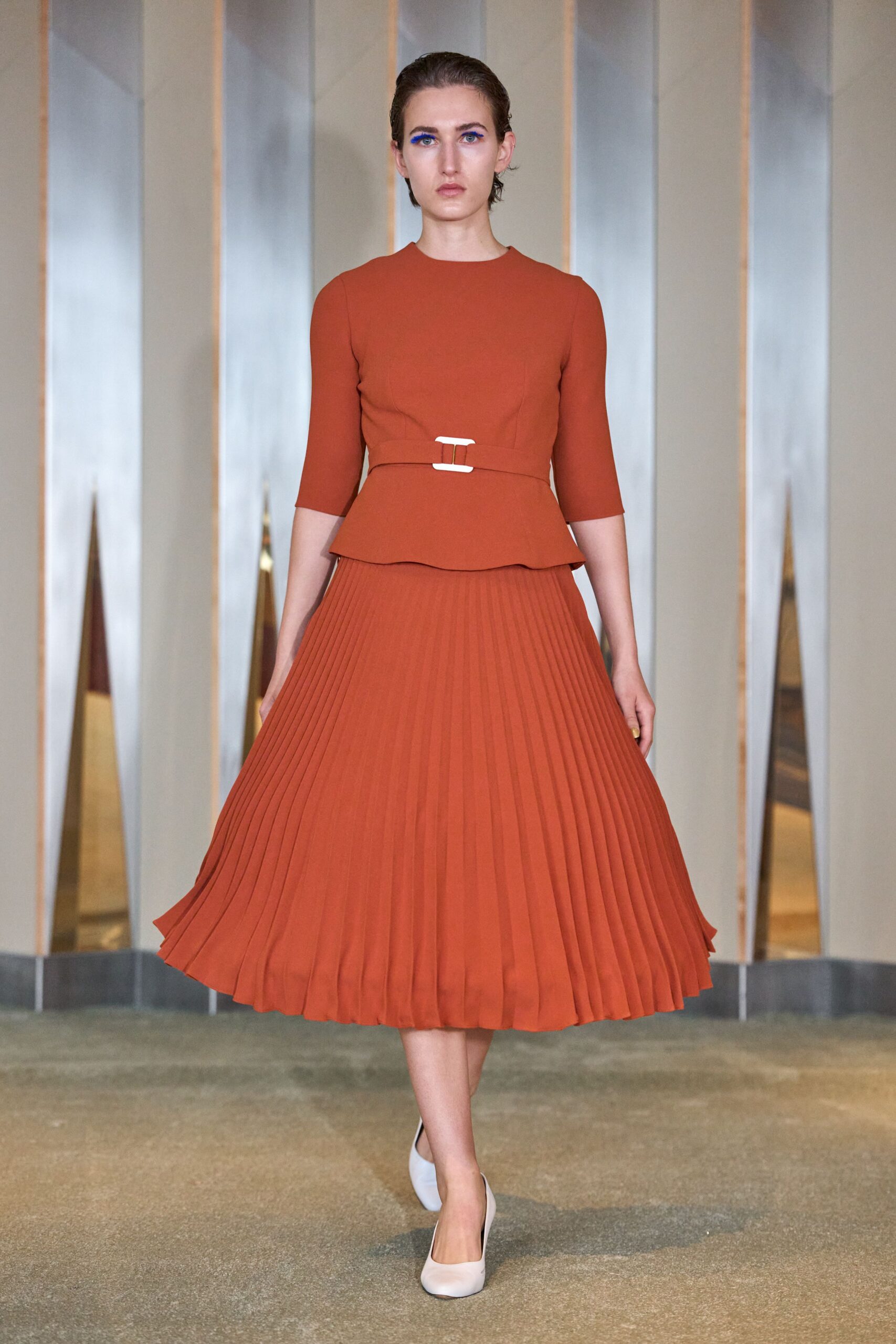 orange cotton fitted pleated a-line midi skirt