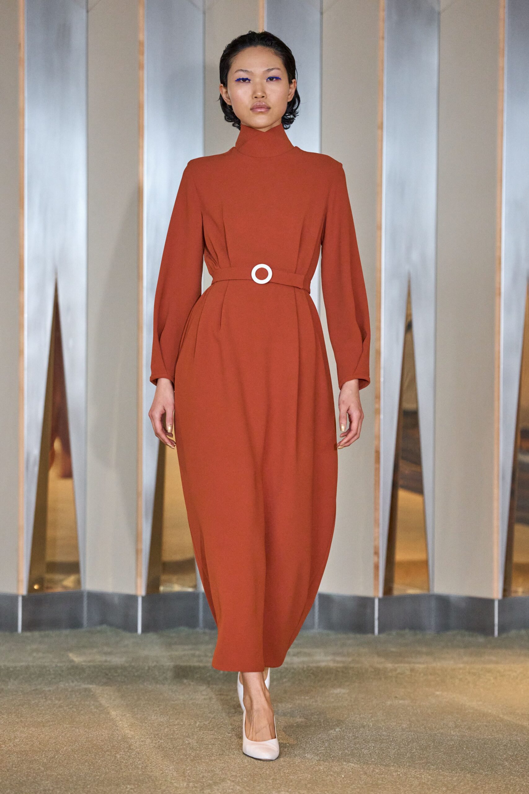 brown silk long-sleeve belted dress