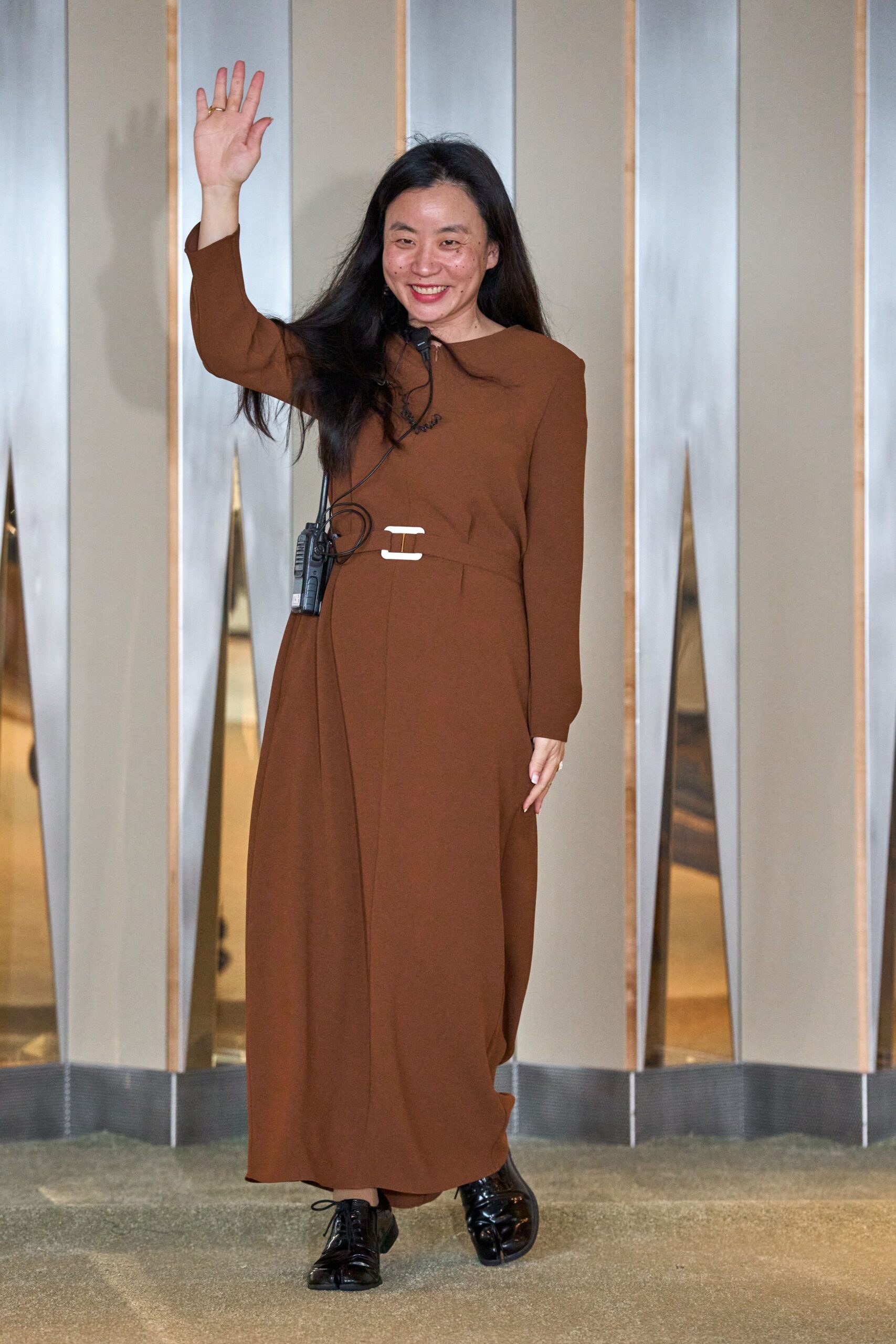 brown cotton long-sleeve collared fitted belted midi dress