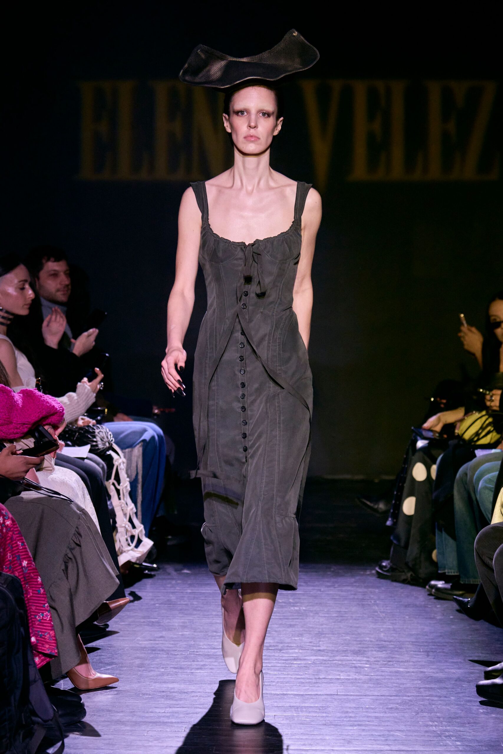 gray cotton sleeveless v-neck fitted buttoned pleated dress