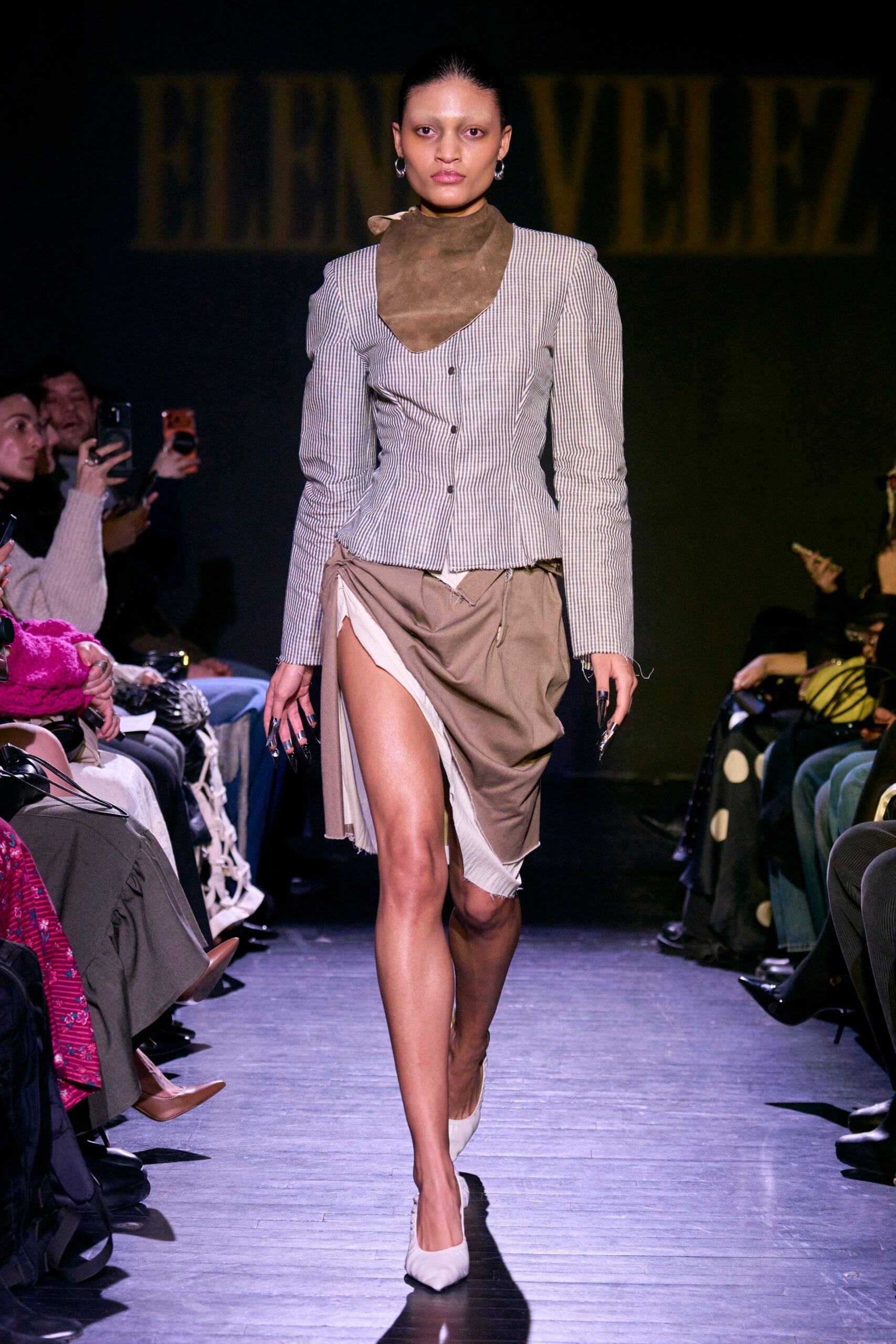 beige cotton asymmetric slit fitted layered mini skirt