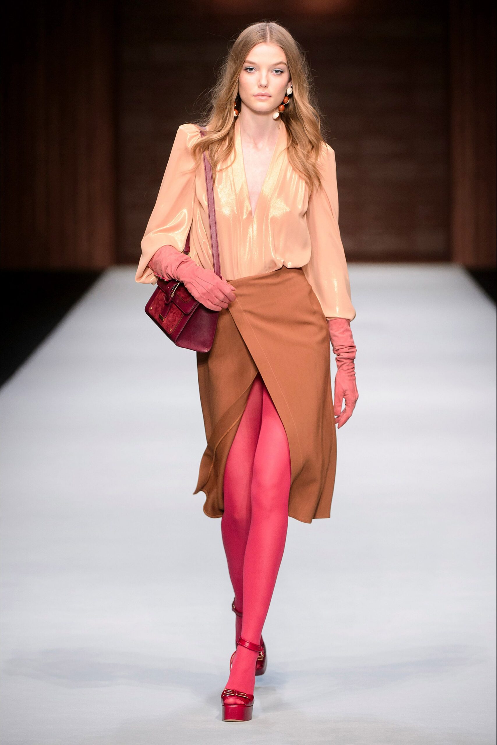 coral silk long-sleeve v-neck fitted pleated blouse