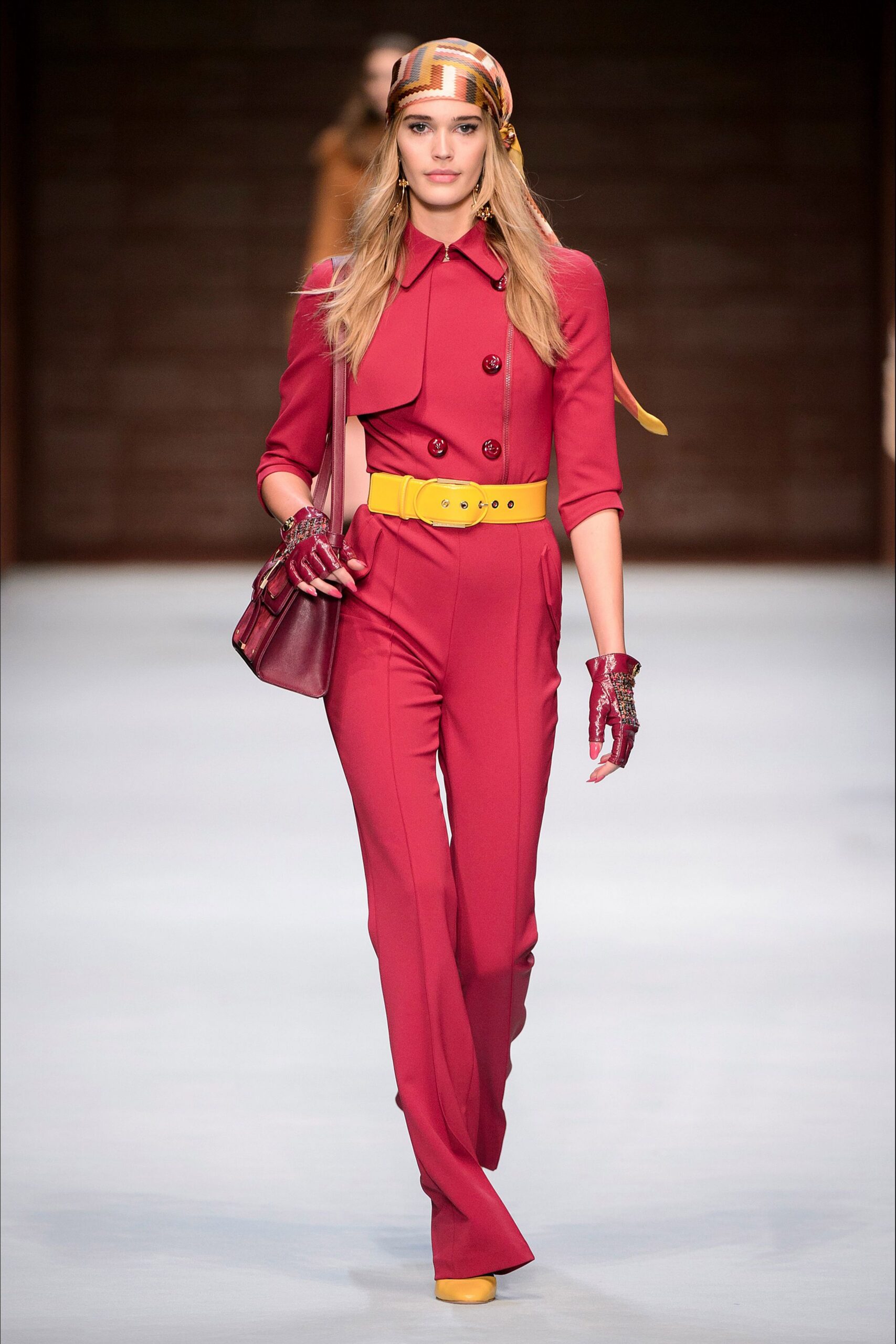 red short-sleeve collared fitted zippered belted jumpsuit