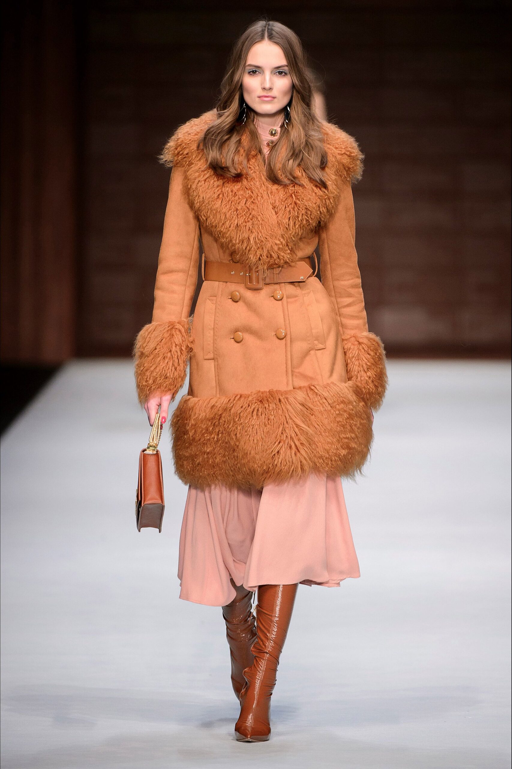 brown fur long-sleeve collared fitted belted fringed coat