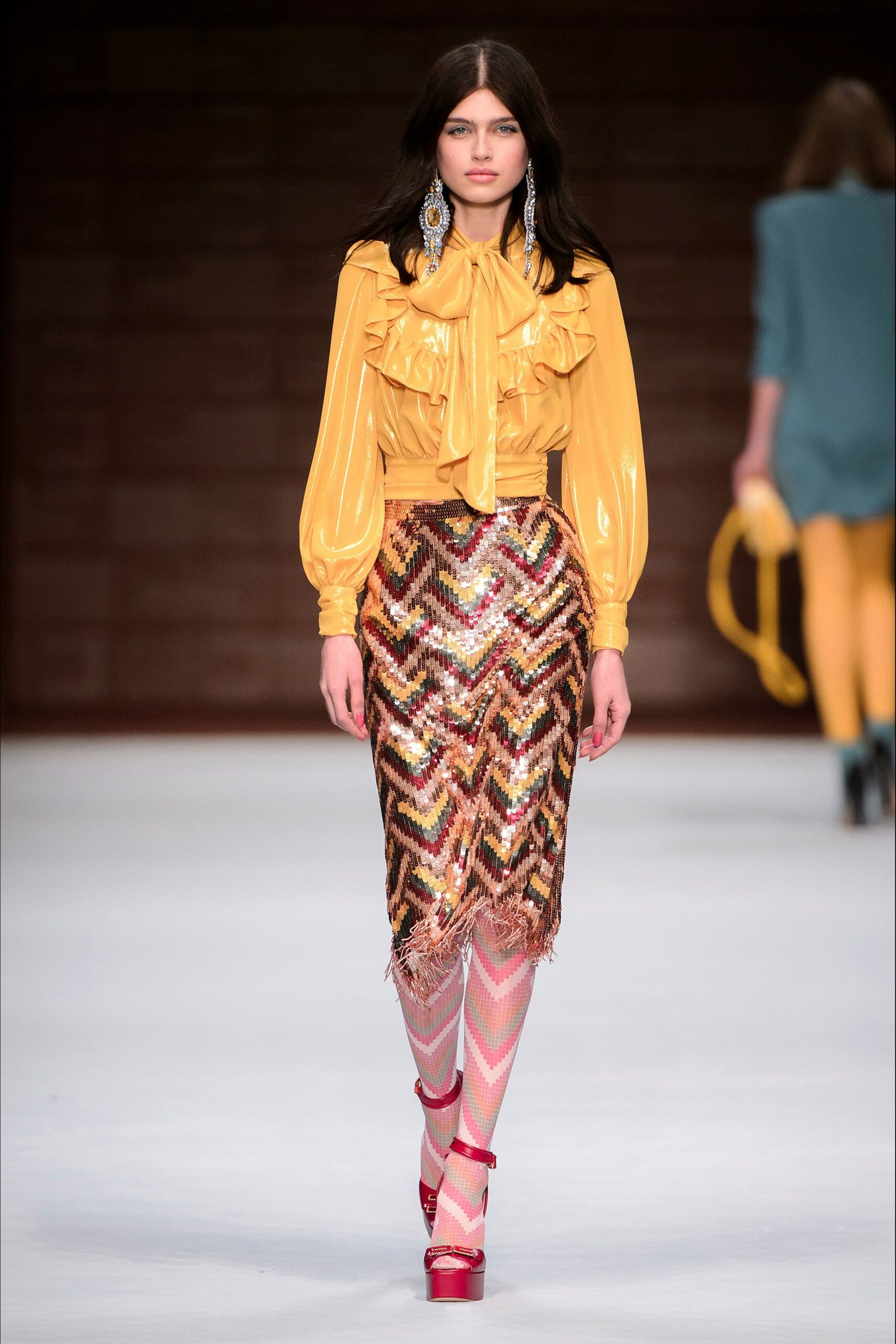 yellow silk long-sleeve collared fitted ruffled blouse