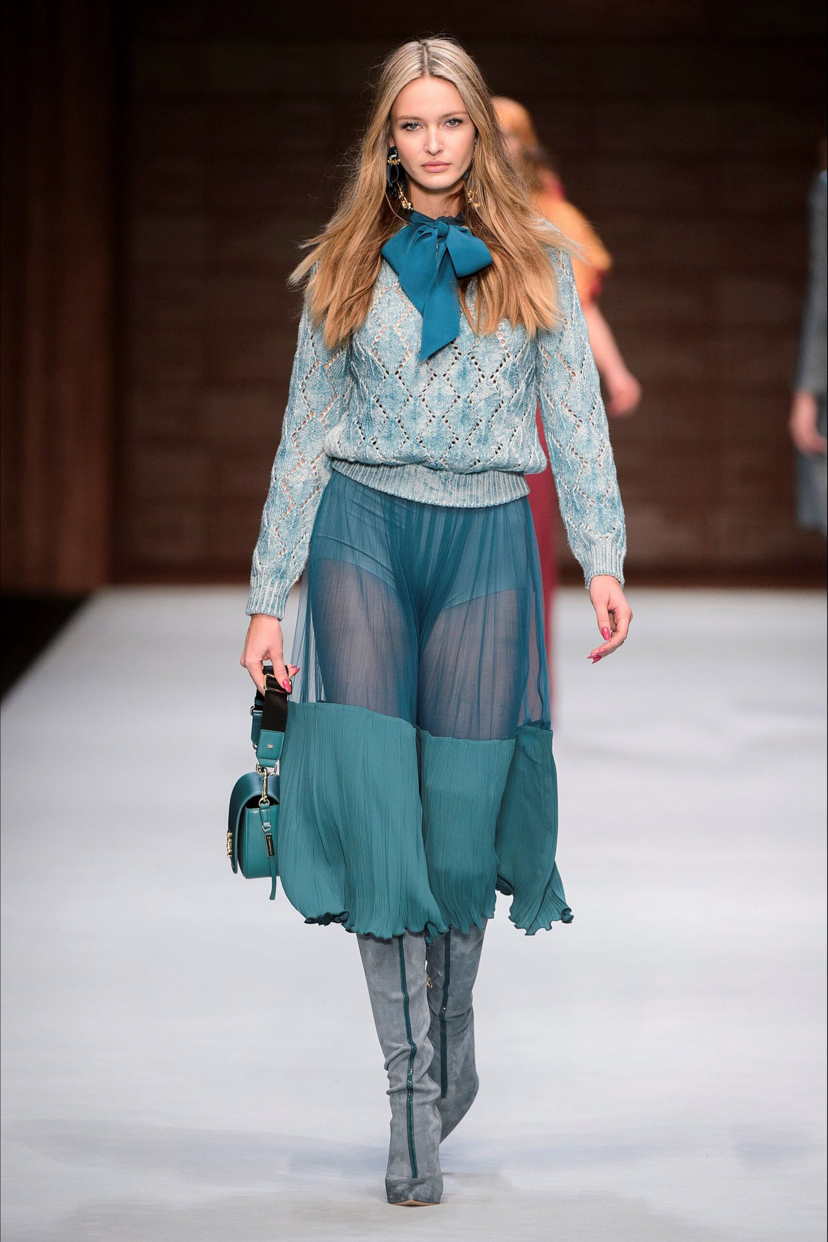 teal chiffon sleeveless relaxed pleated sheer skirt