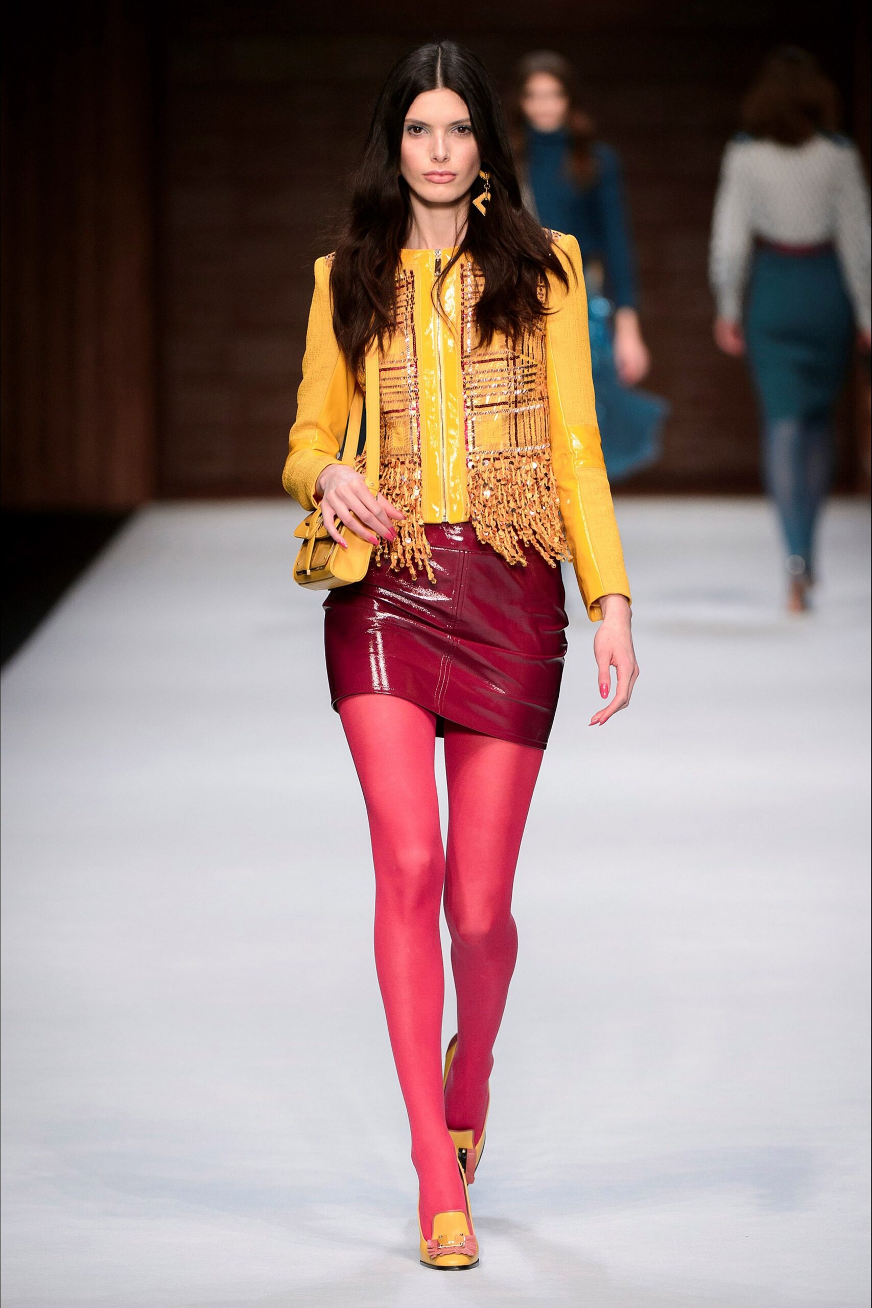 yellow cotton long-sleeve collared fitted fringed jacket