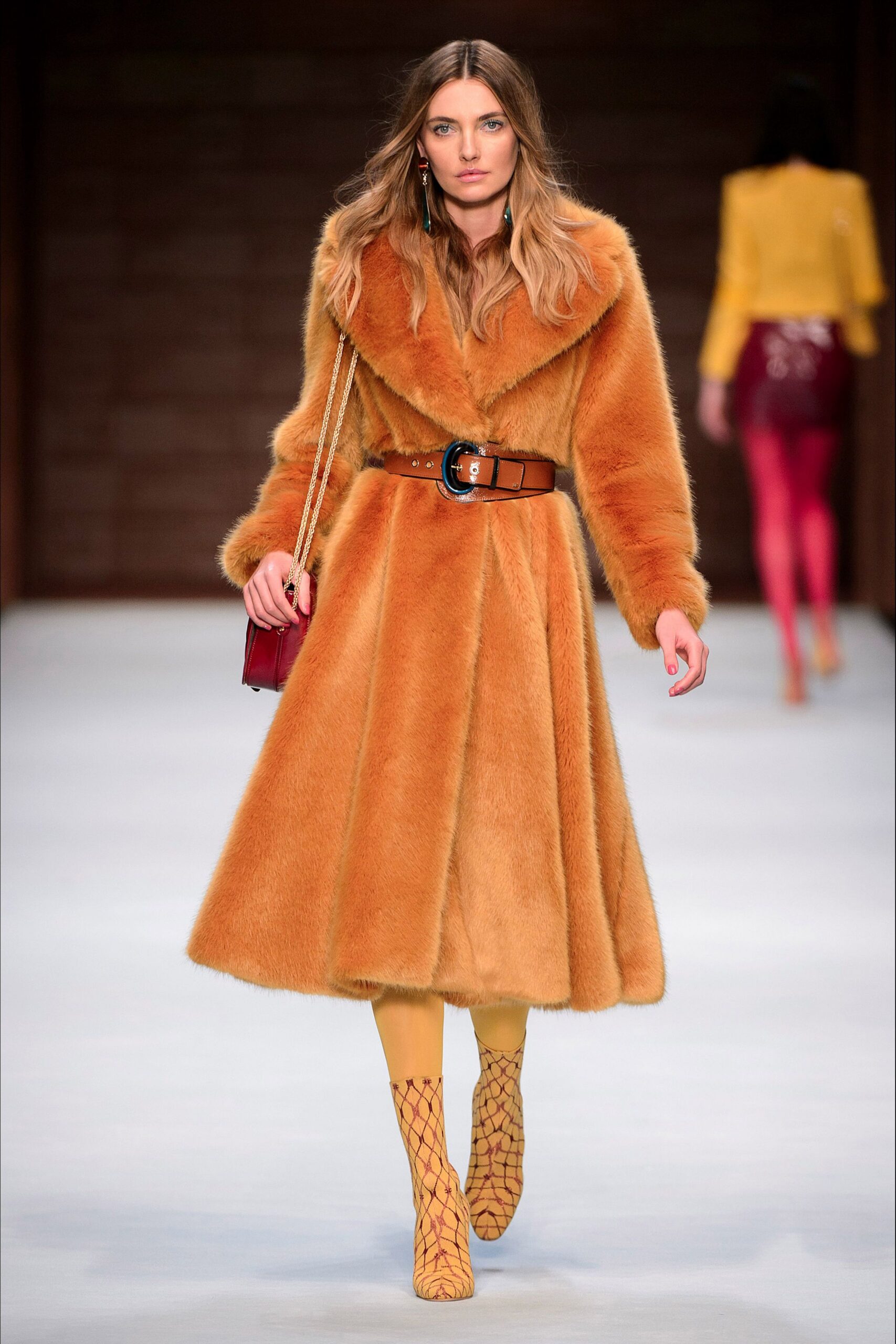 orange faux-fur long-sleeve collared relaxed belted midi coat