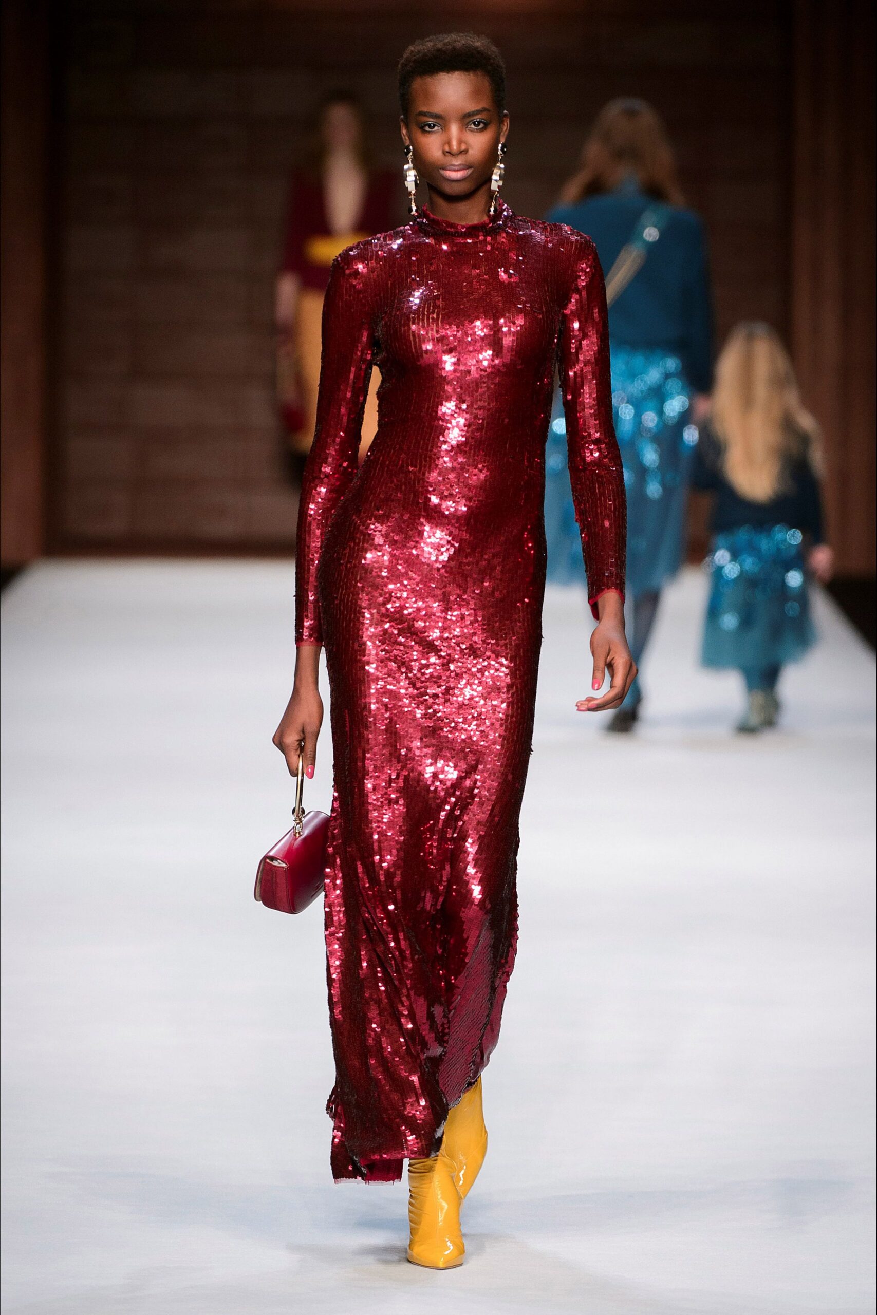 red sequin long-sleeve high-neck fitted shiny maxi gown