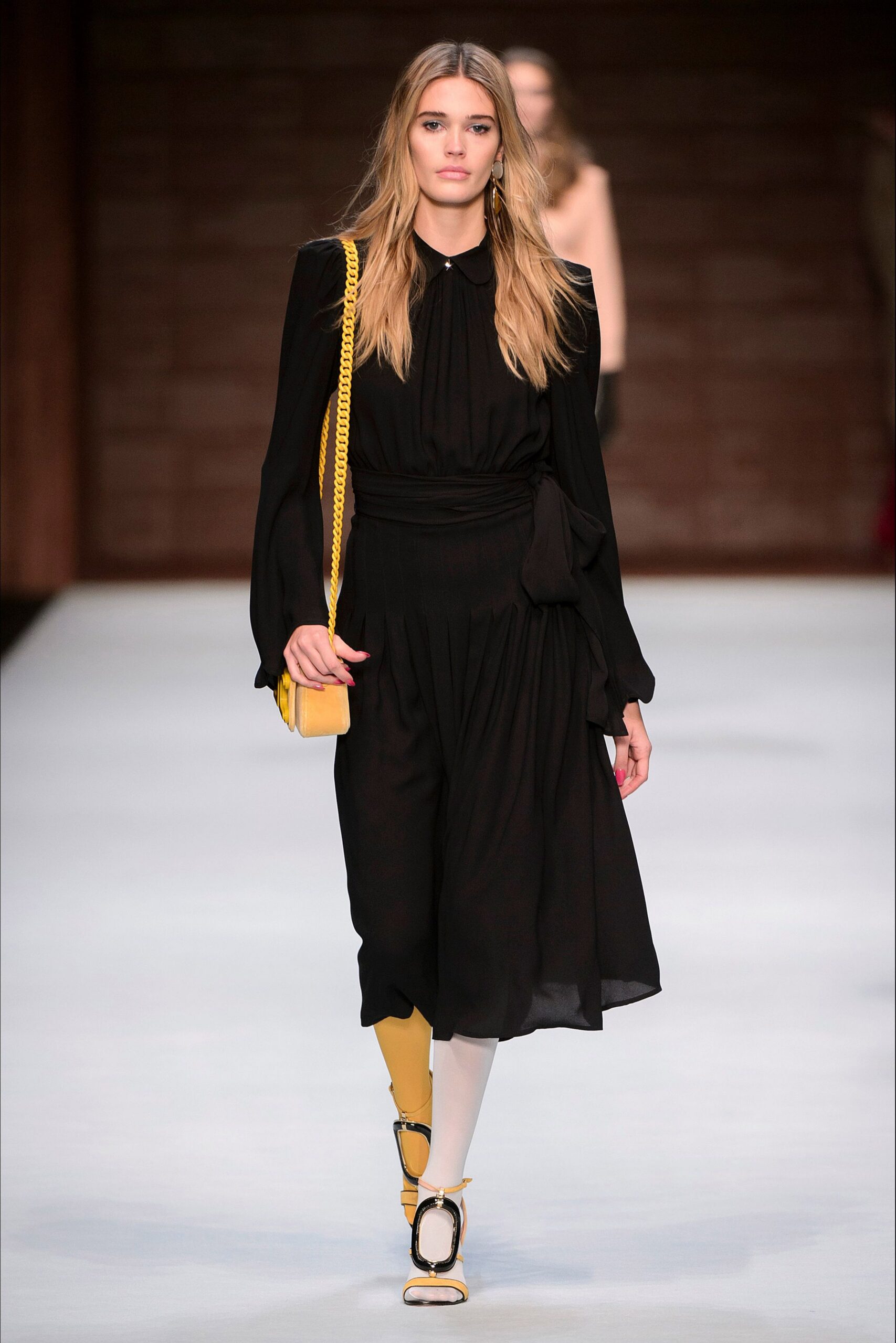 black silk long-sleeve collared fitted pleated flowing dress