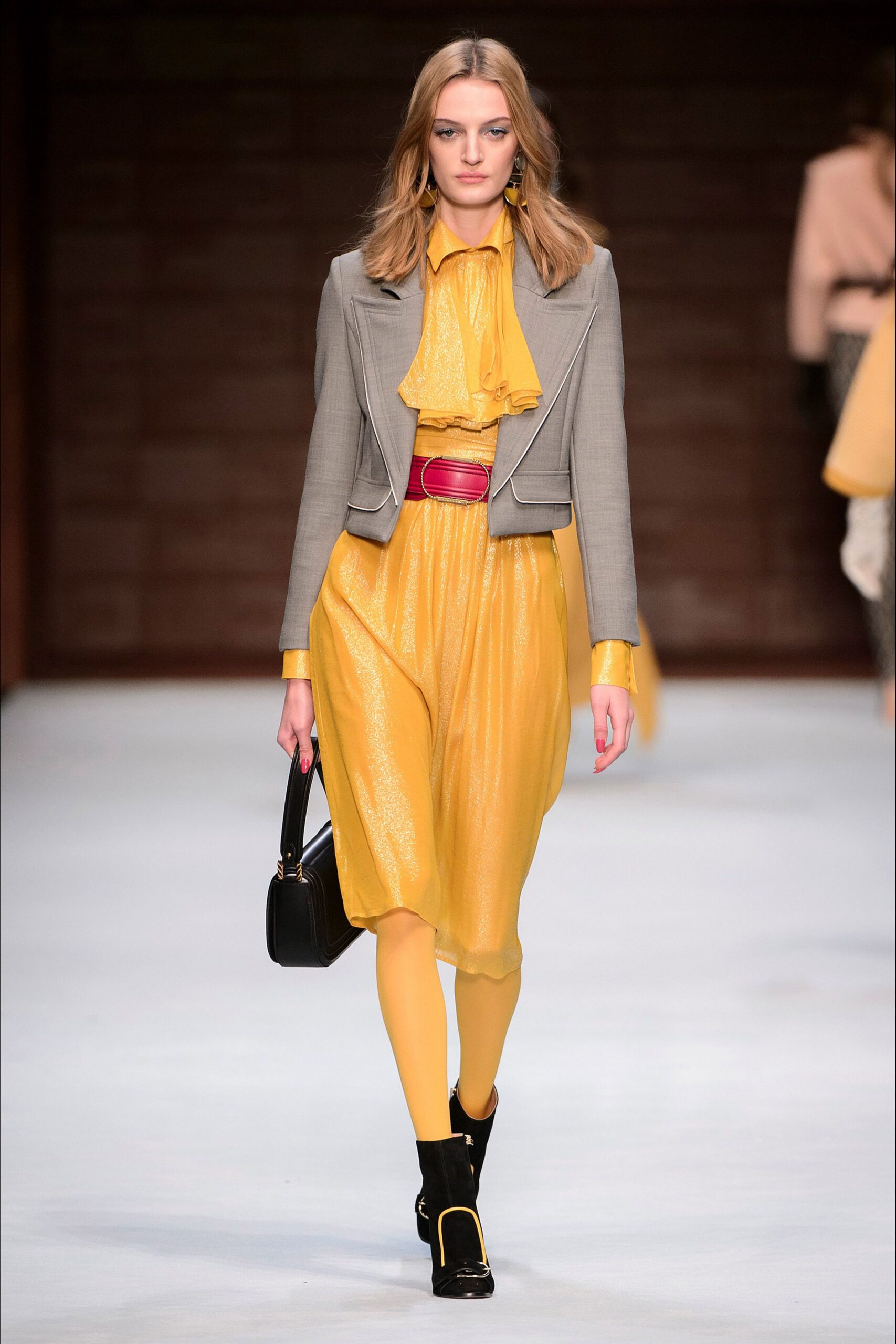 yellow silk long-sleeve v-neck relaxed ruffled blouse