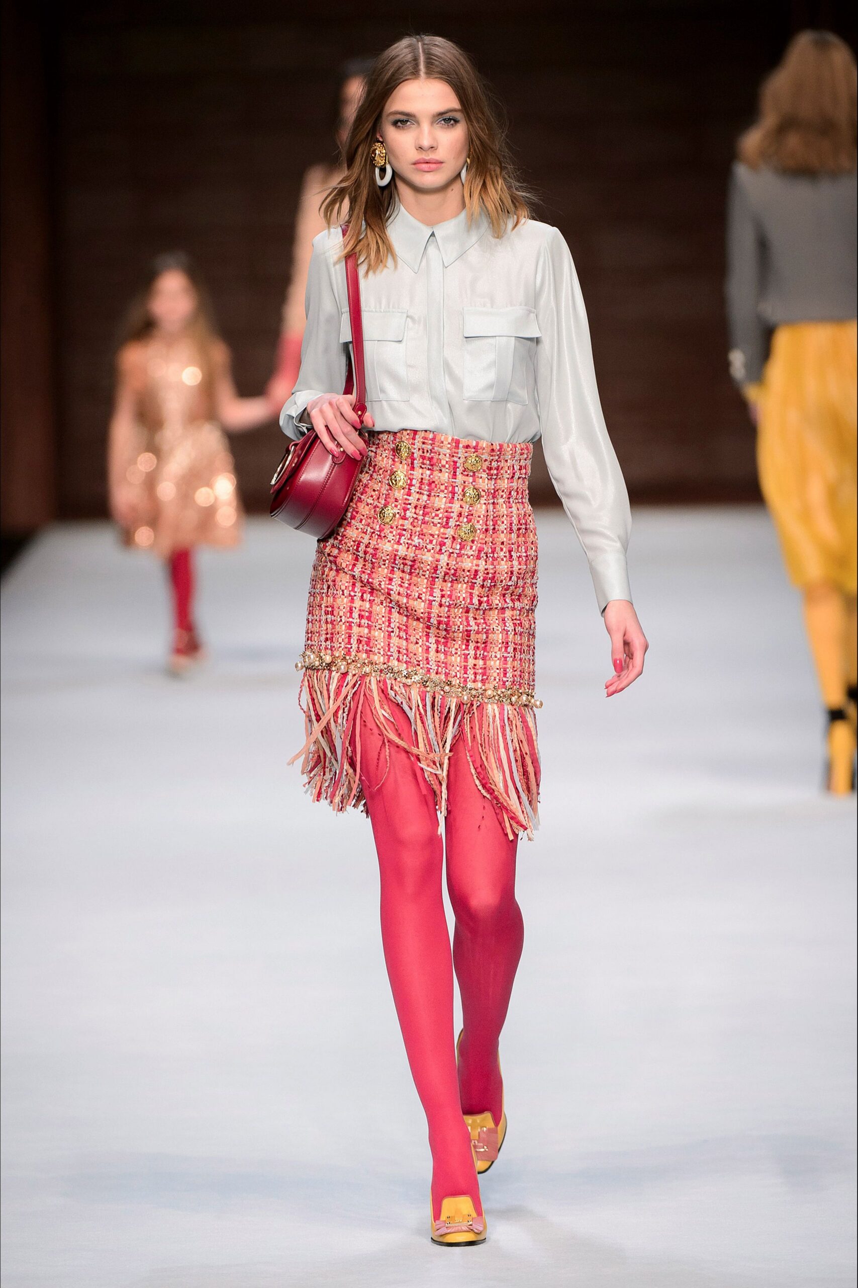 light blue shirt pink tweed skirt
