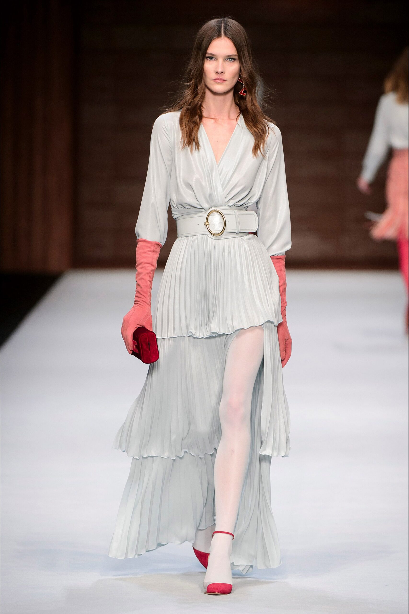 silk long-sleeve v-neck fitted pleated tiered flowing dress