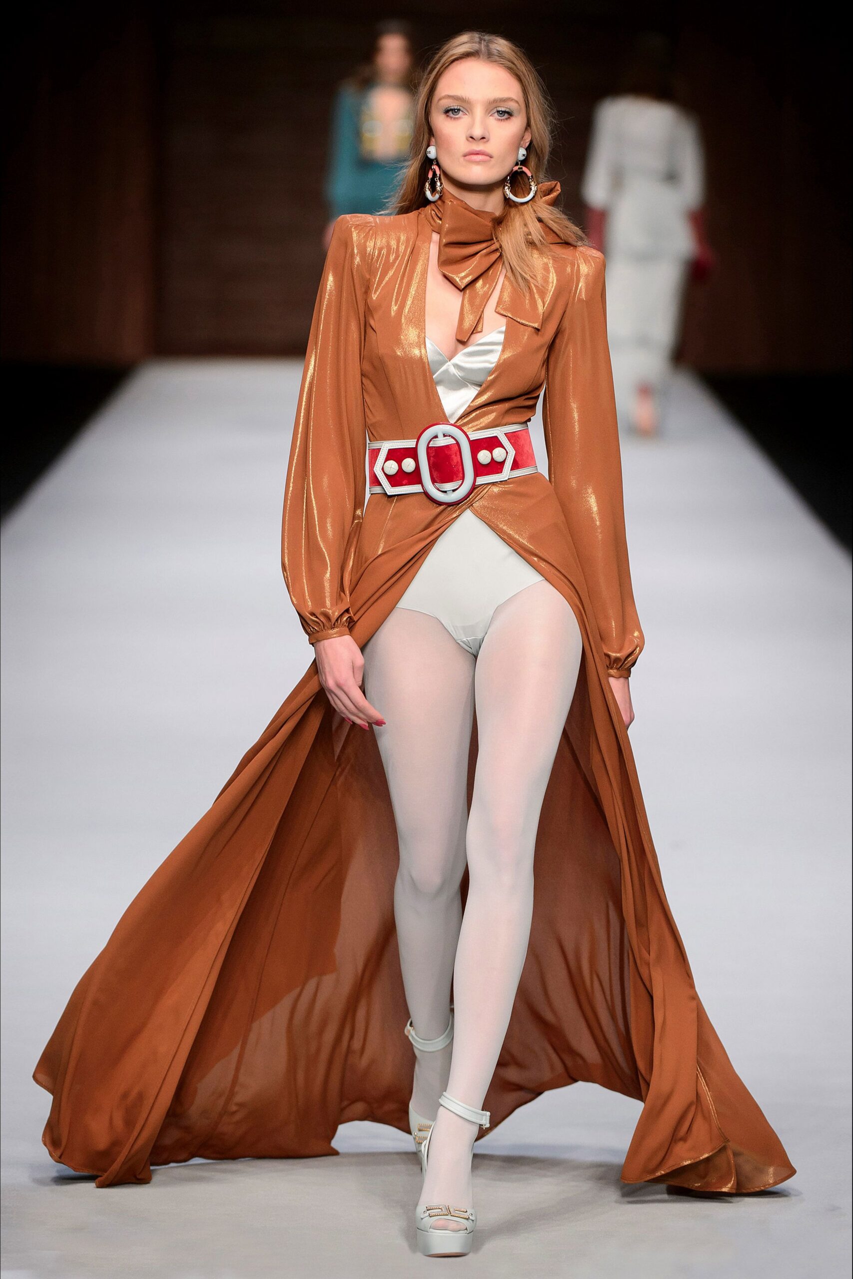 brown silk long-sleeve v-neck fitted draped belted dress