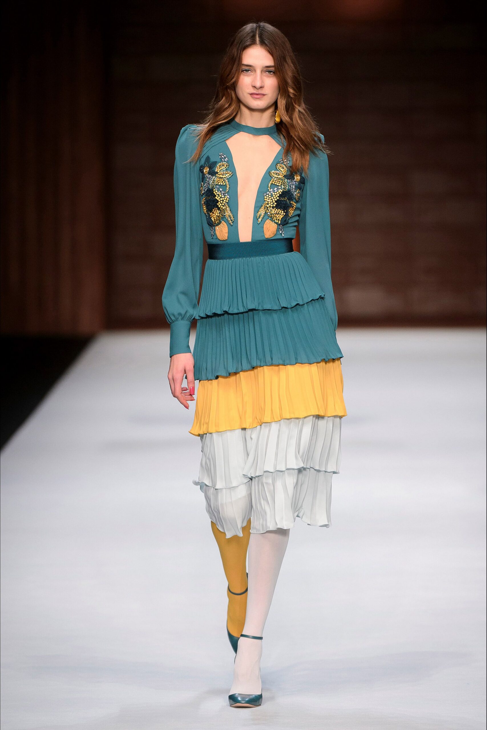 teal silk long-sleeve v-neck fitted pleated embroidered dress
