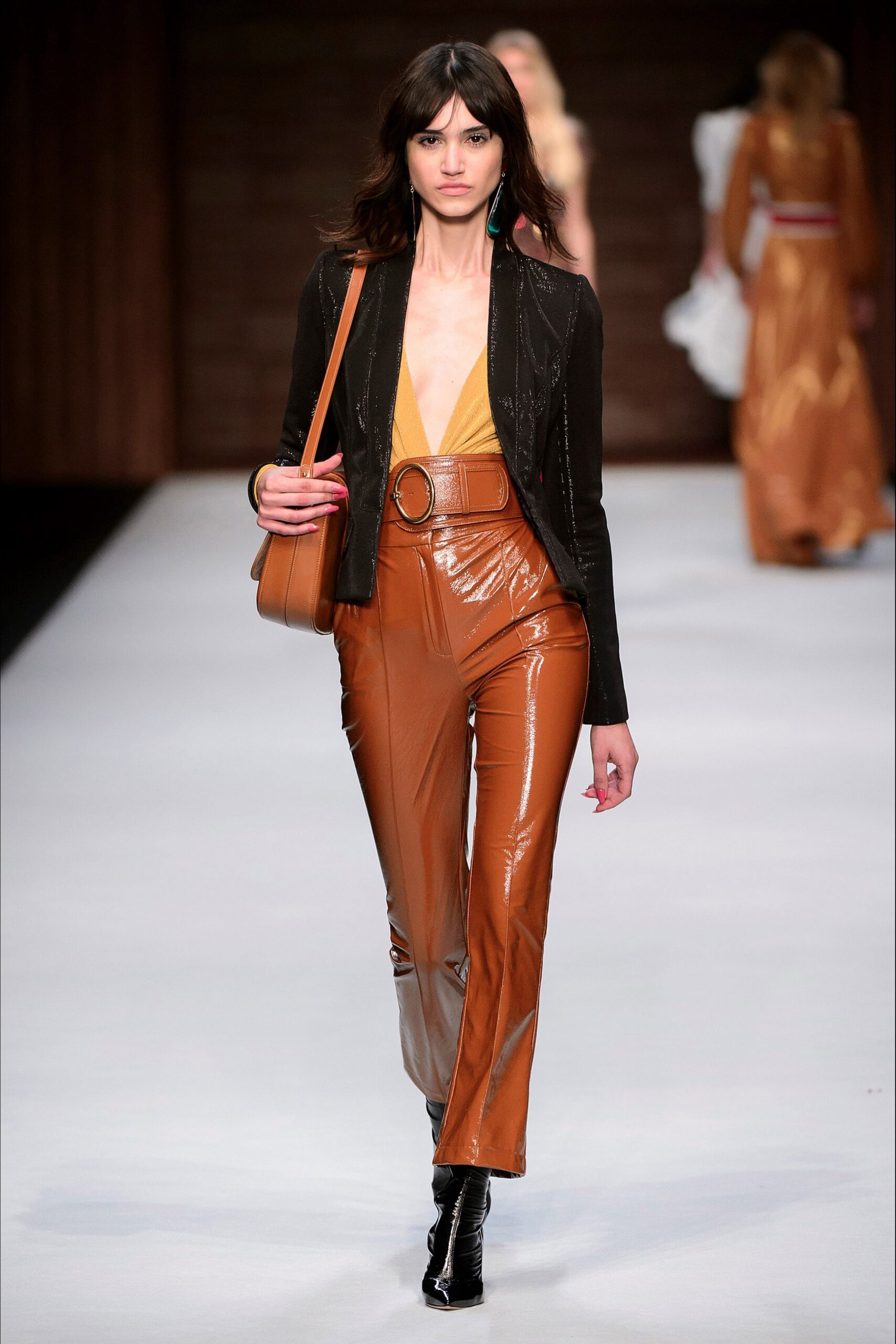 brown vinyl fitted straight-leg shiny pants