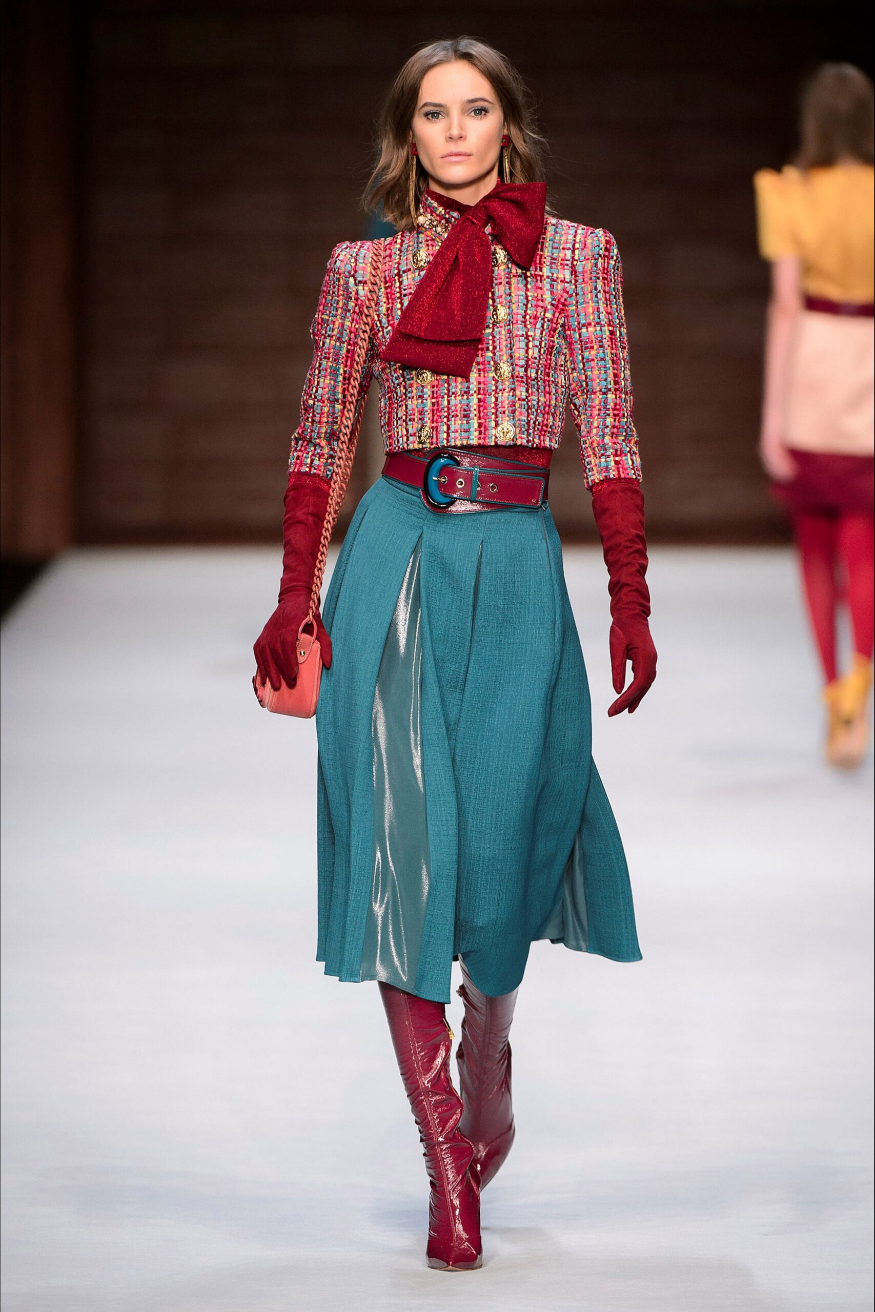 teal silk asymmetric fitted high-waisted pleated midi skirt