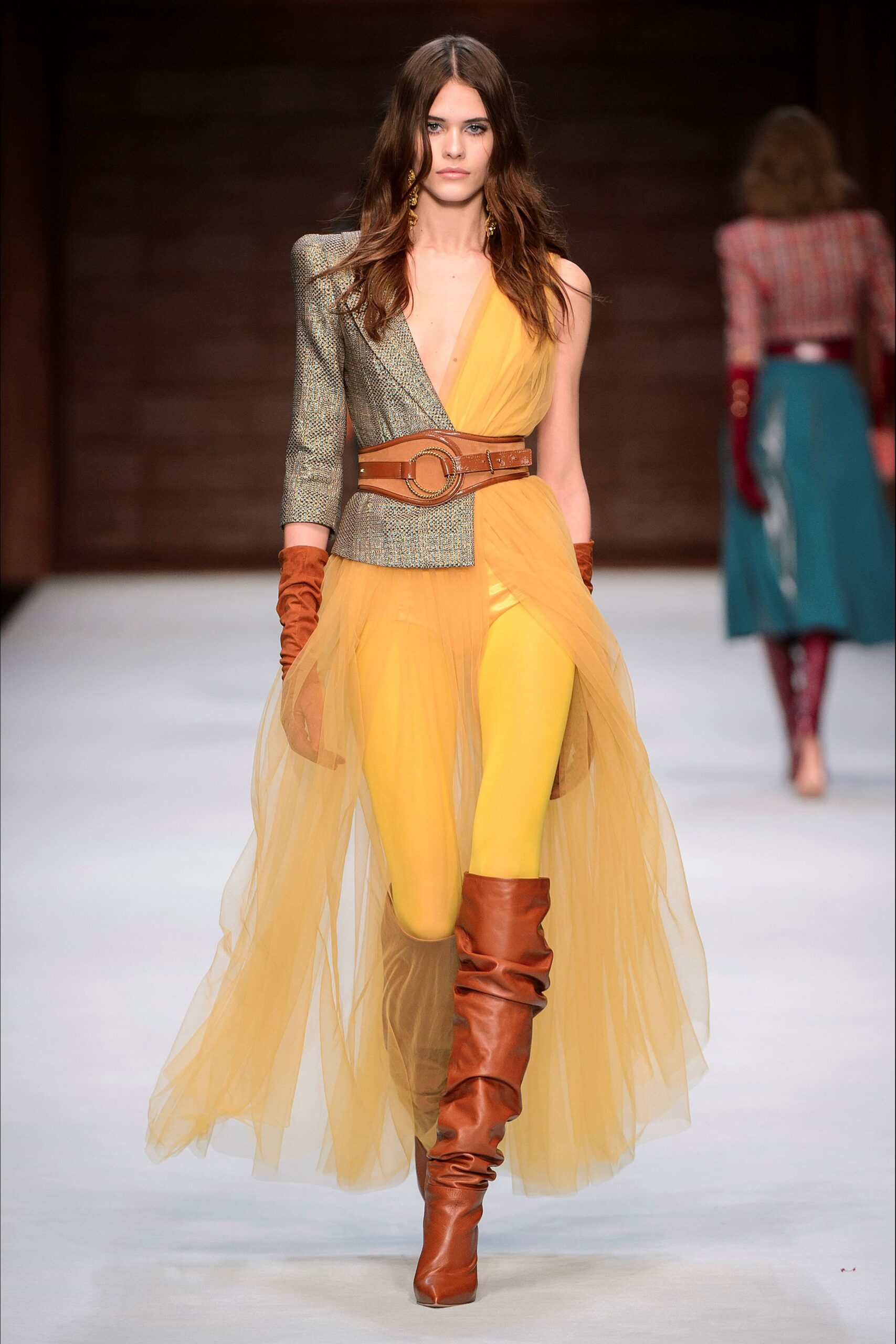 yellow tulle sleeveless v-neck fitted layered flowing dress