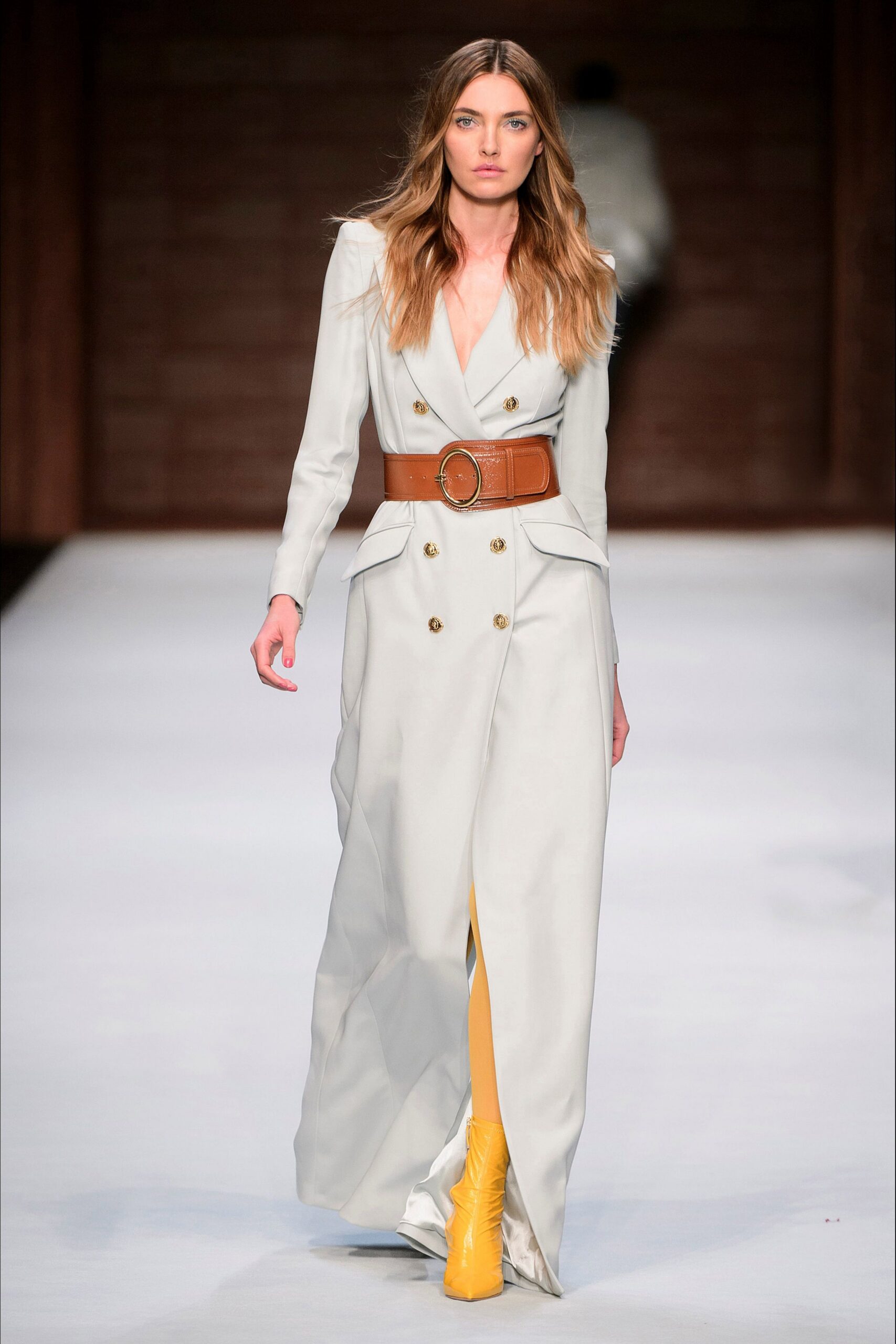 white cotton long-sleeve v-neck fitted belted maxi gown