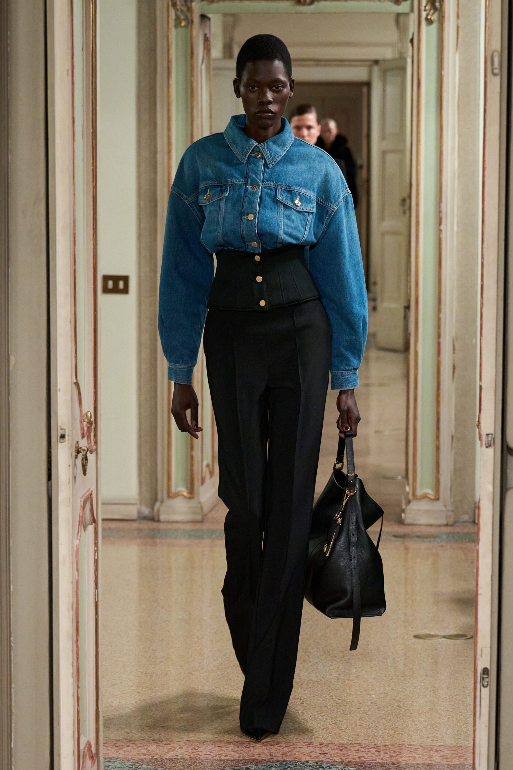 black cotton fitted high-waisted straight-leg pants