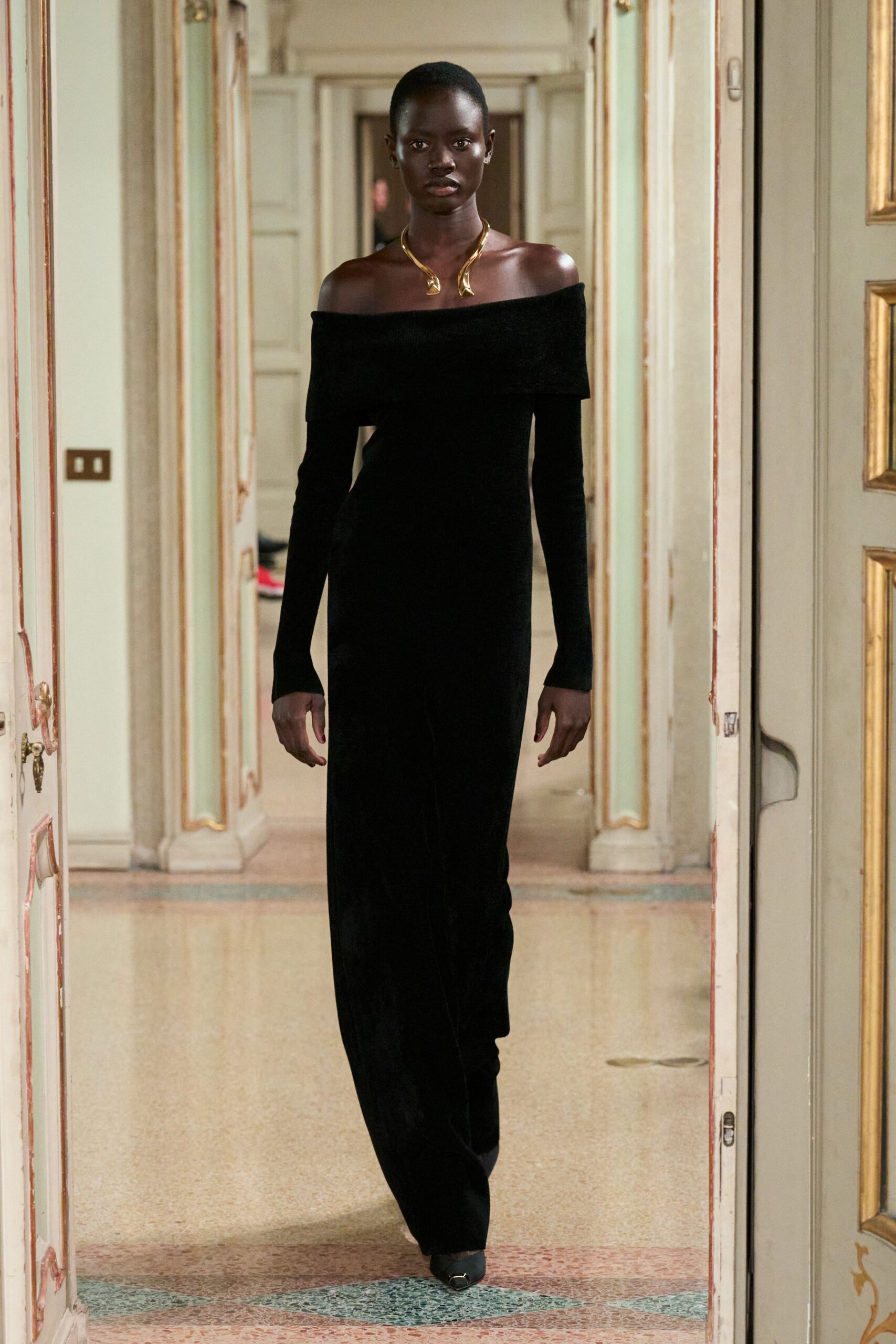 black velvet long-sleeve off-shoulder fitted jumpsuit