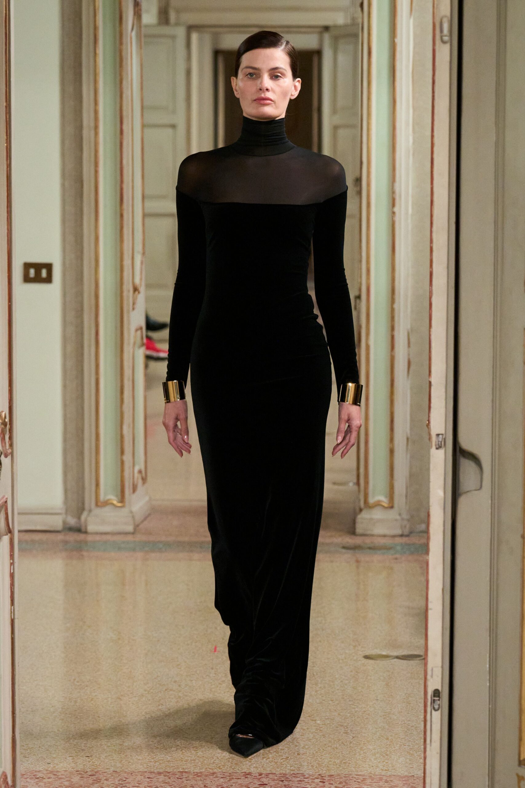 black velvet long-sleeve high-neck fitted sheer flowing gown