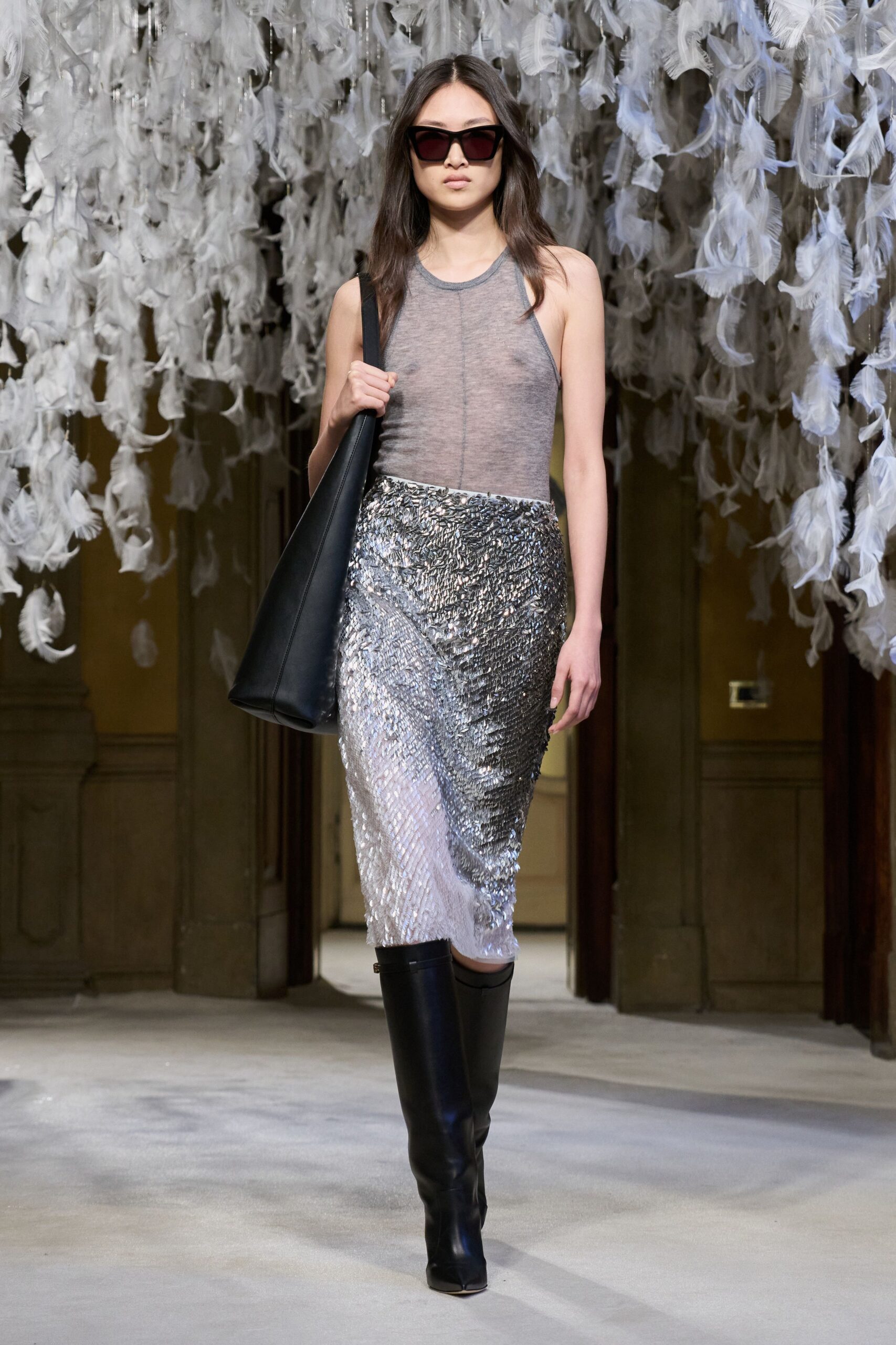 gray sequin fitted pencil shiny skirt