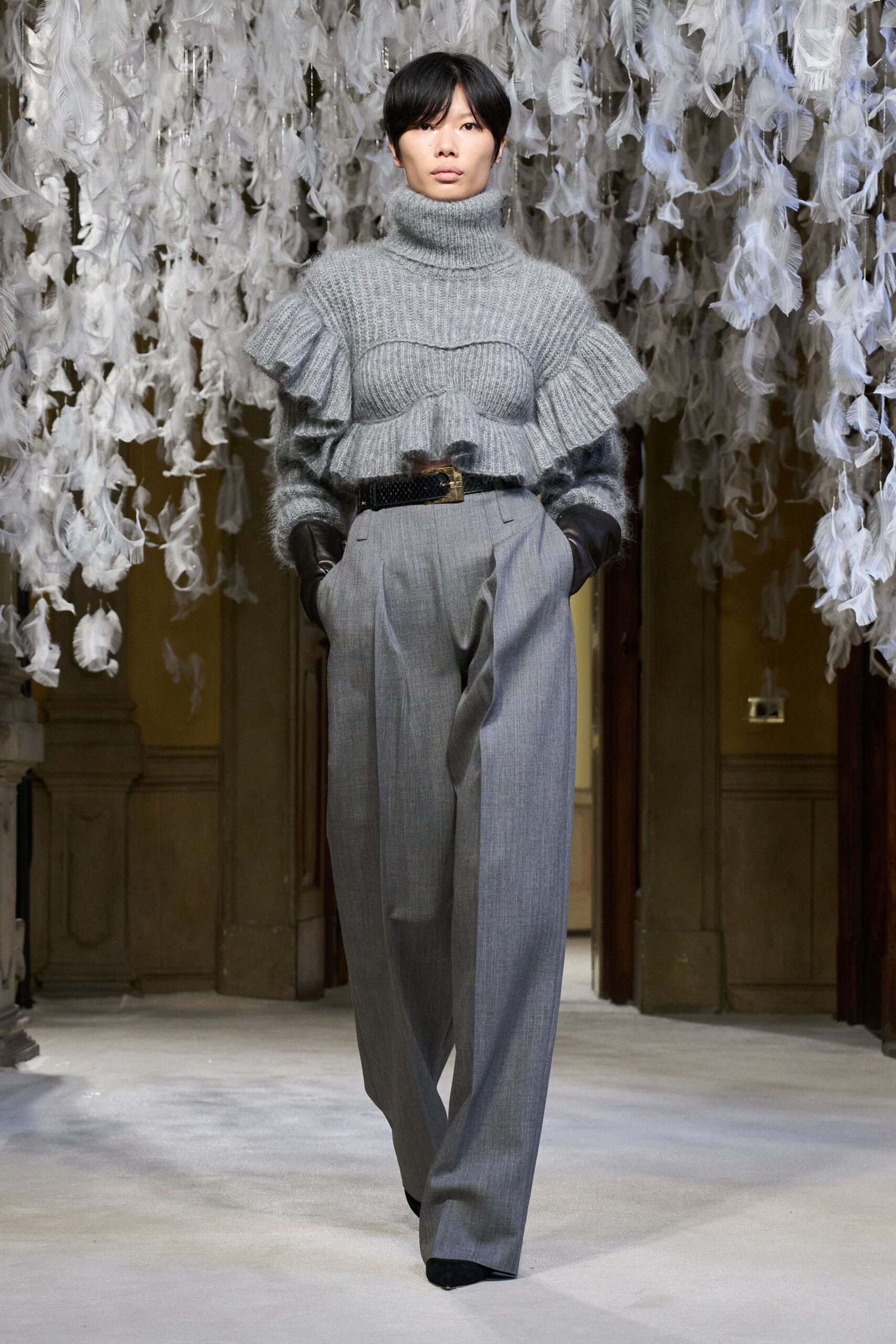 gray wool long-sleeve turtleneck fitted ruffled sweater