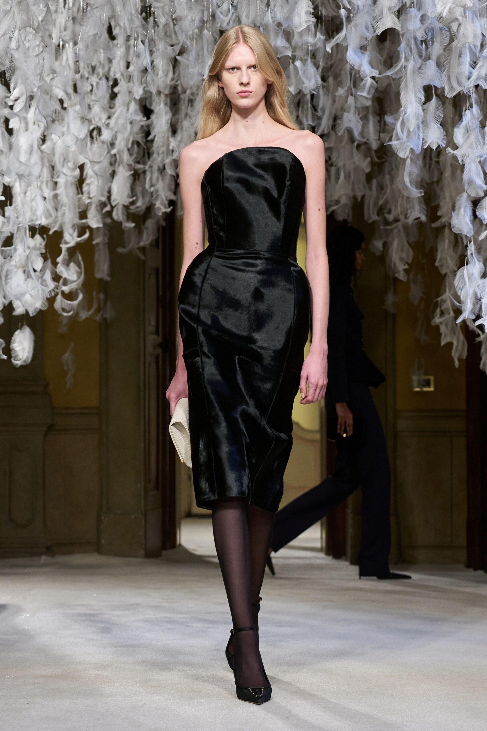 black silk strapless fitted structured pencil midi gown