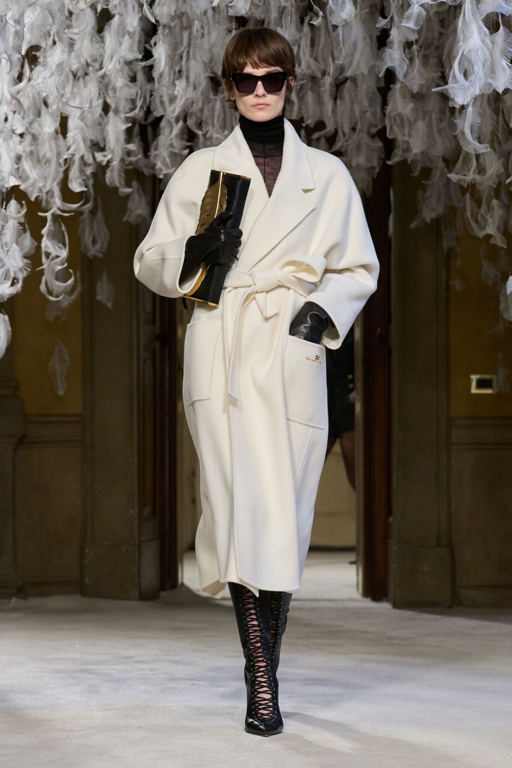 white wool long-sleeve collared relaxed belted coat