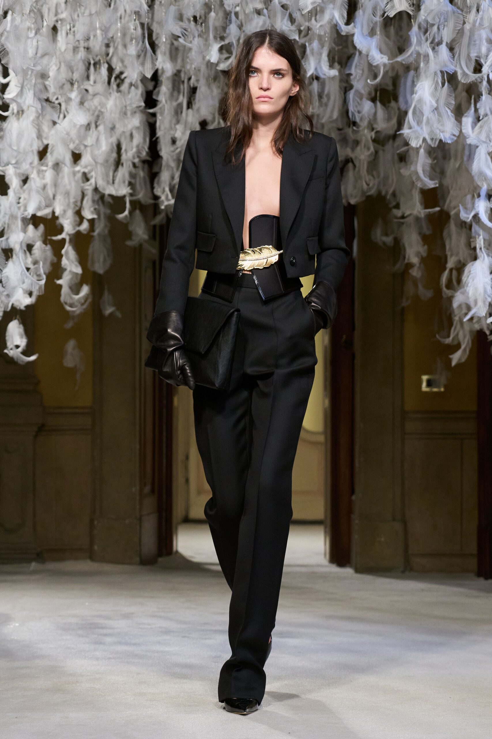 black wool long-sleeve collared tailored structured buttoned suit