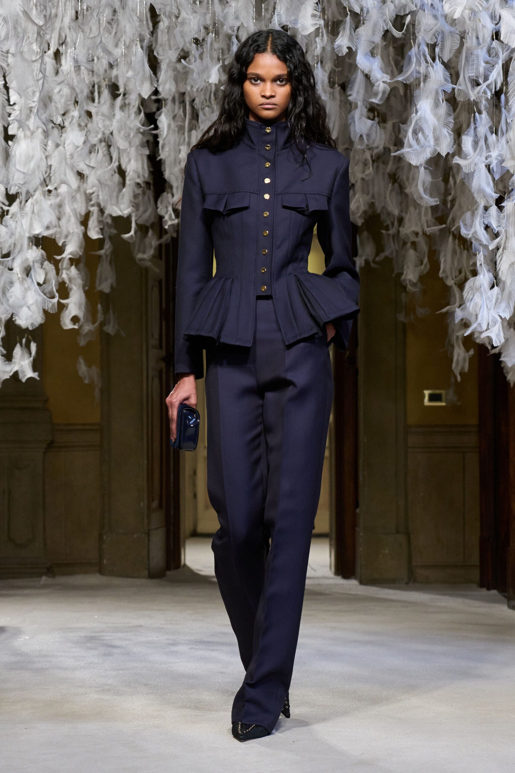 blue cotton long-sleeve collared structured buttoned flared jacket