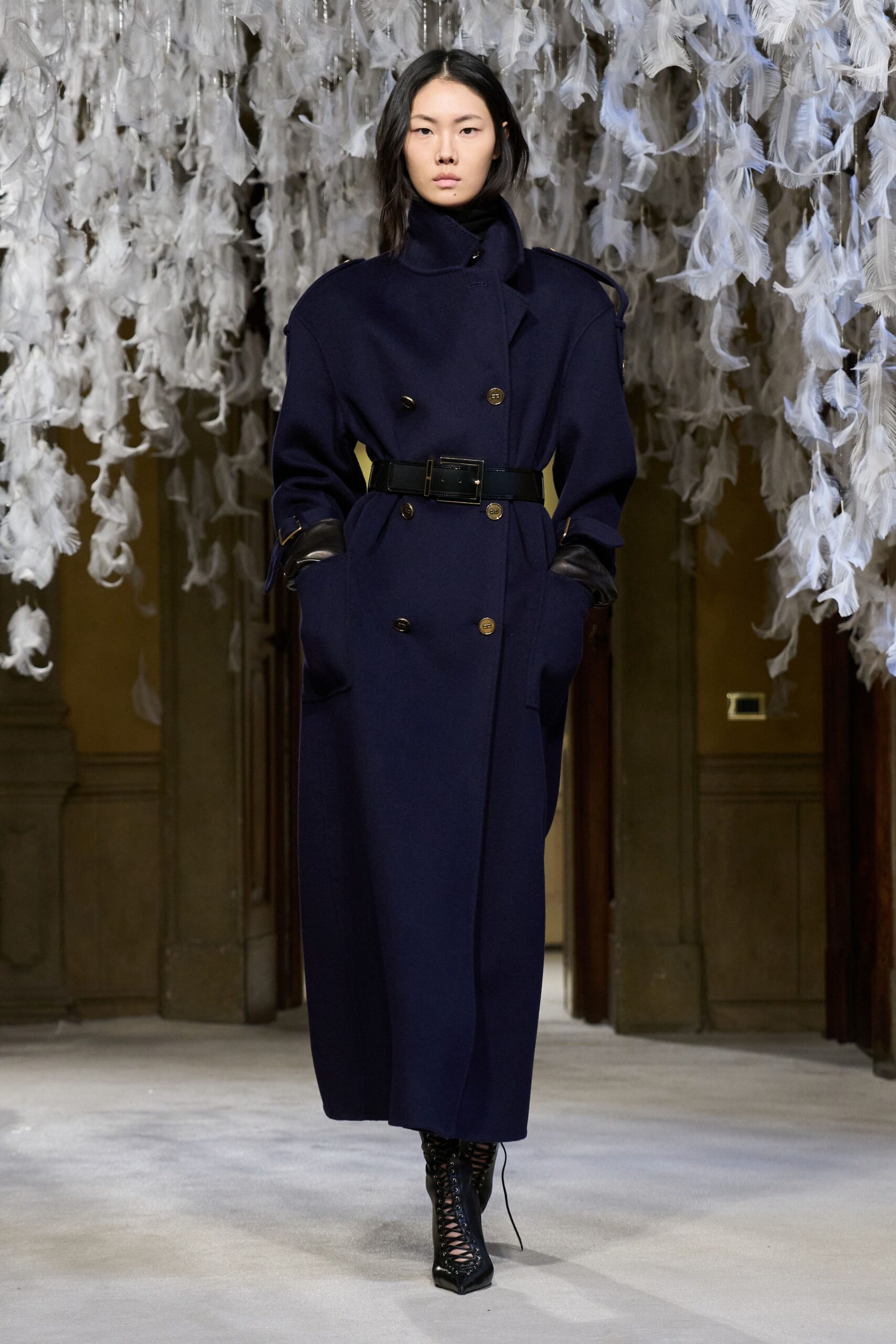 blue wool long-sleeve collared relaxed belted maxi coat