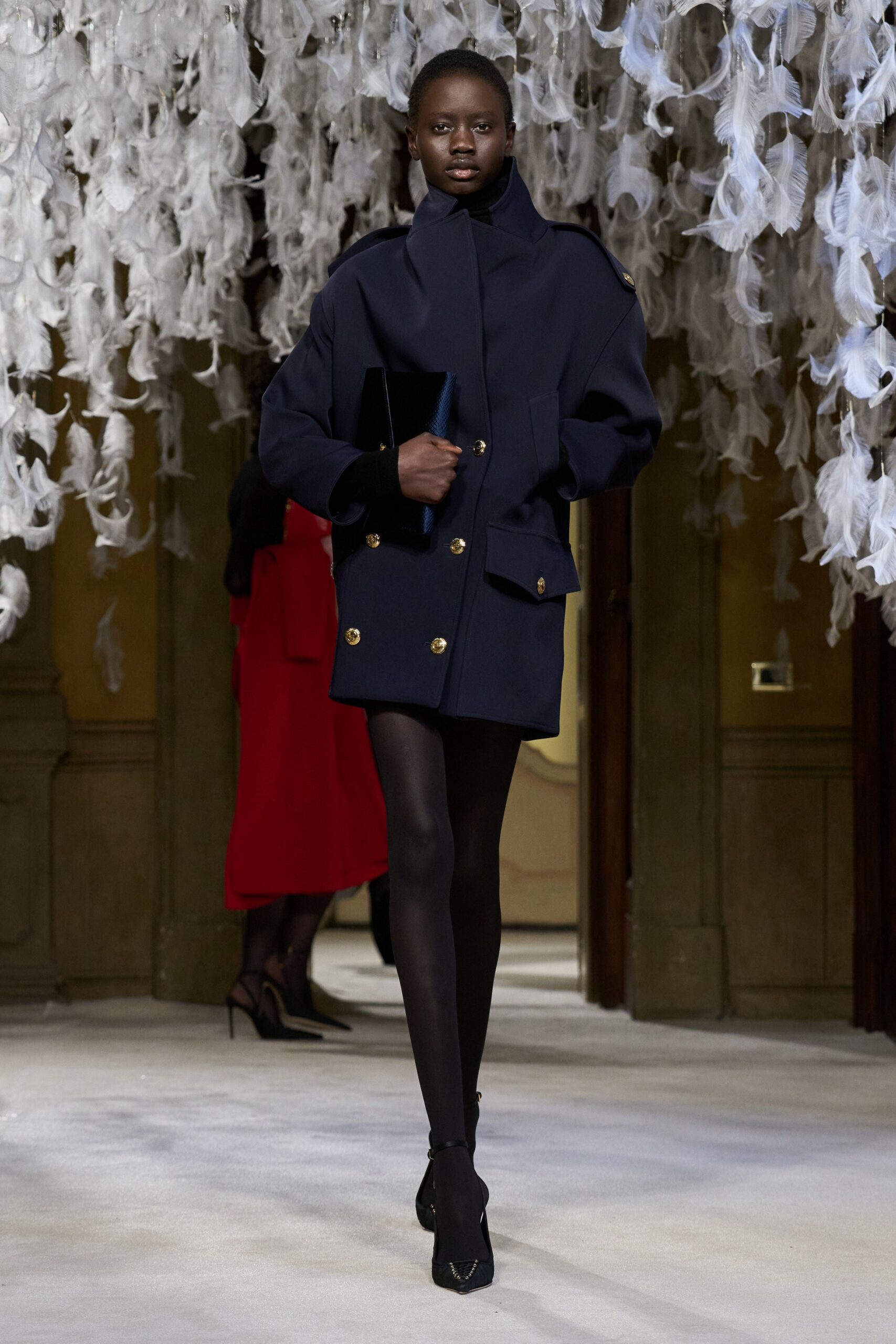 blue wool long-sleeve collared oversized buttoned coat