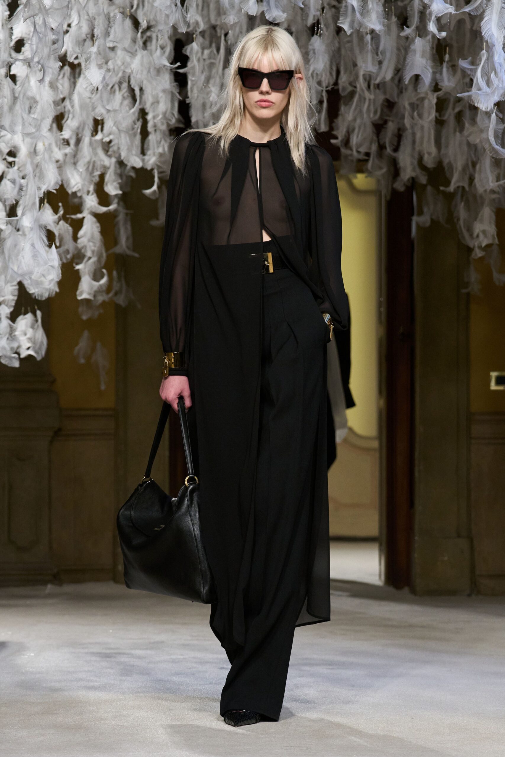 black silk long-sleeve v-neck fitted sheer flowing blouse