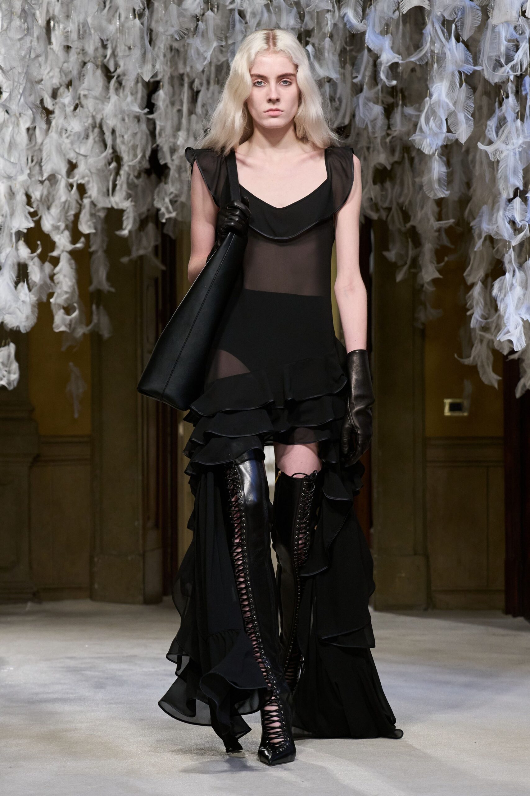 black silk sleeveless v-neck fitted ruffled sheer dress