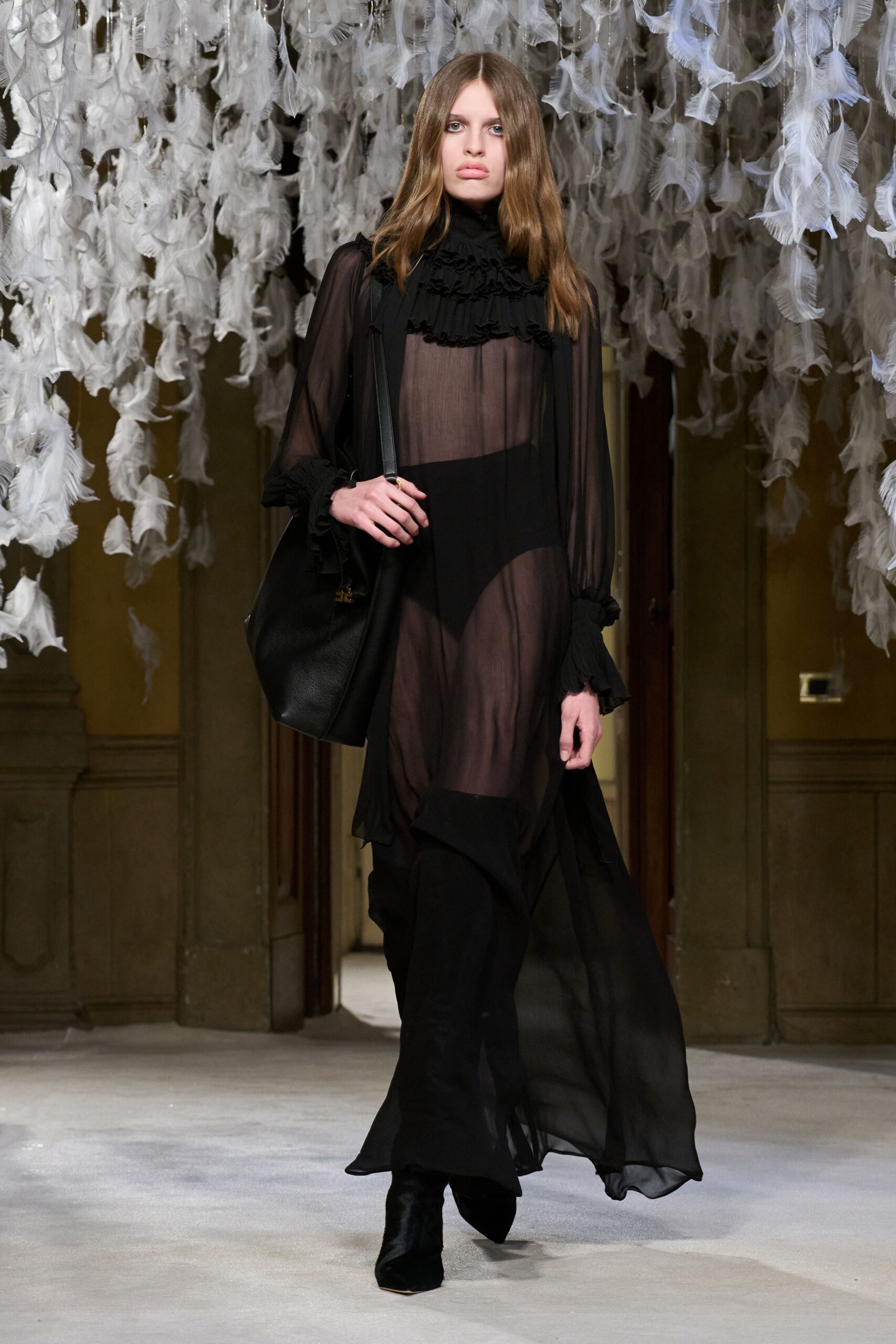 black chiffon long-sleeve high-neck relaxed ruffled dress
