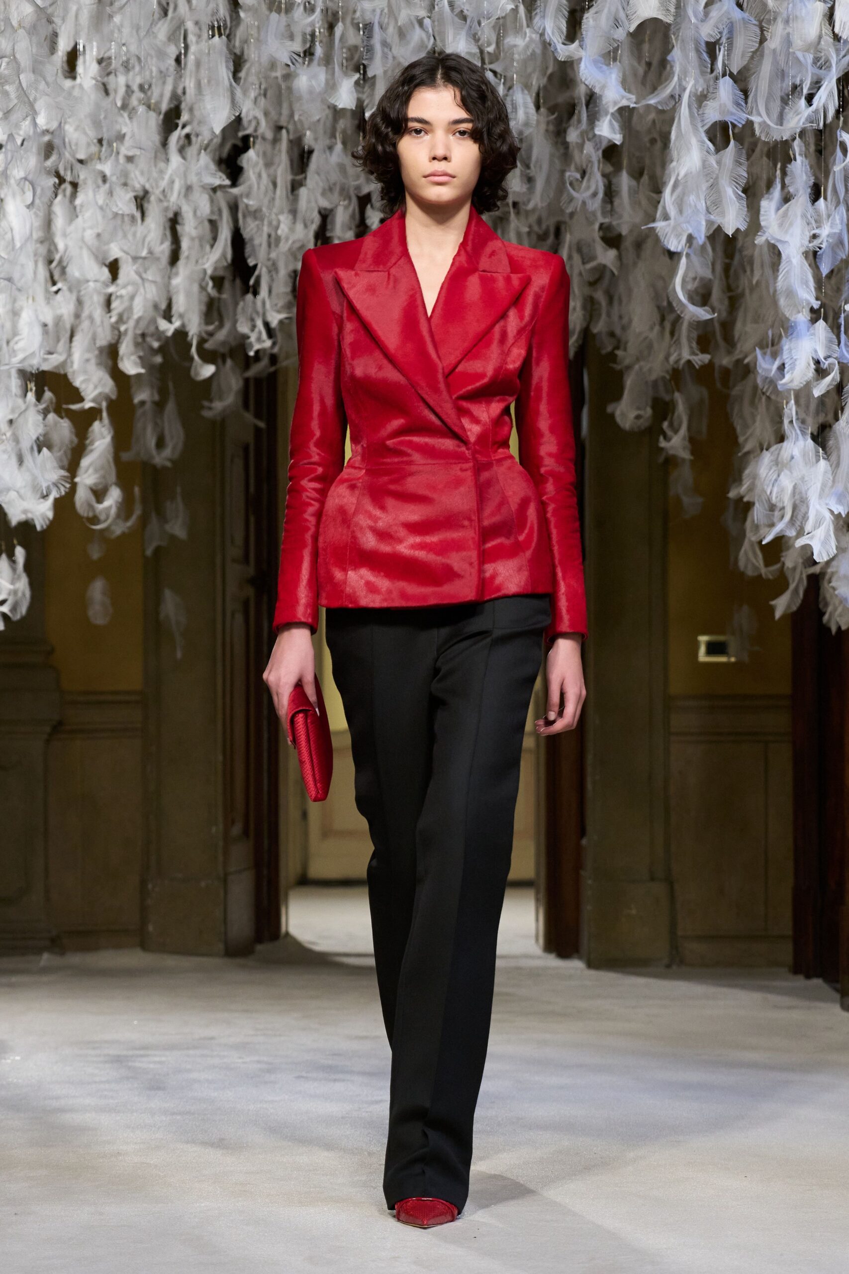 red leather long-sleeve collared fitted buttoned blazer
