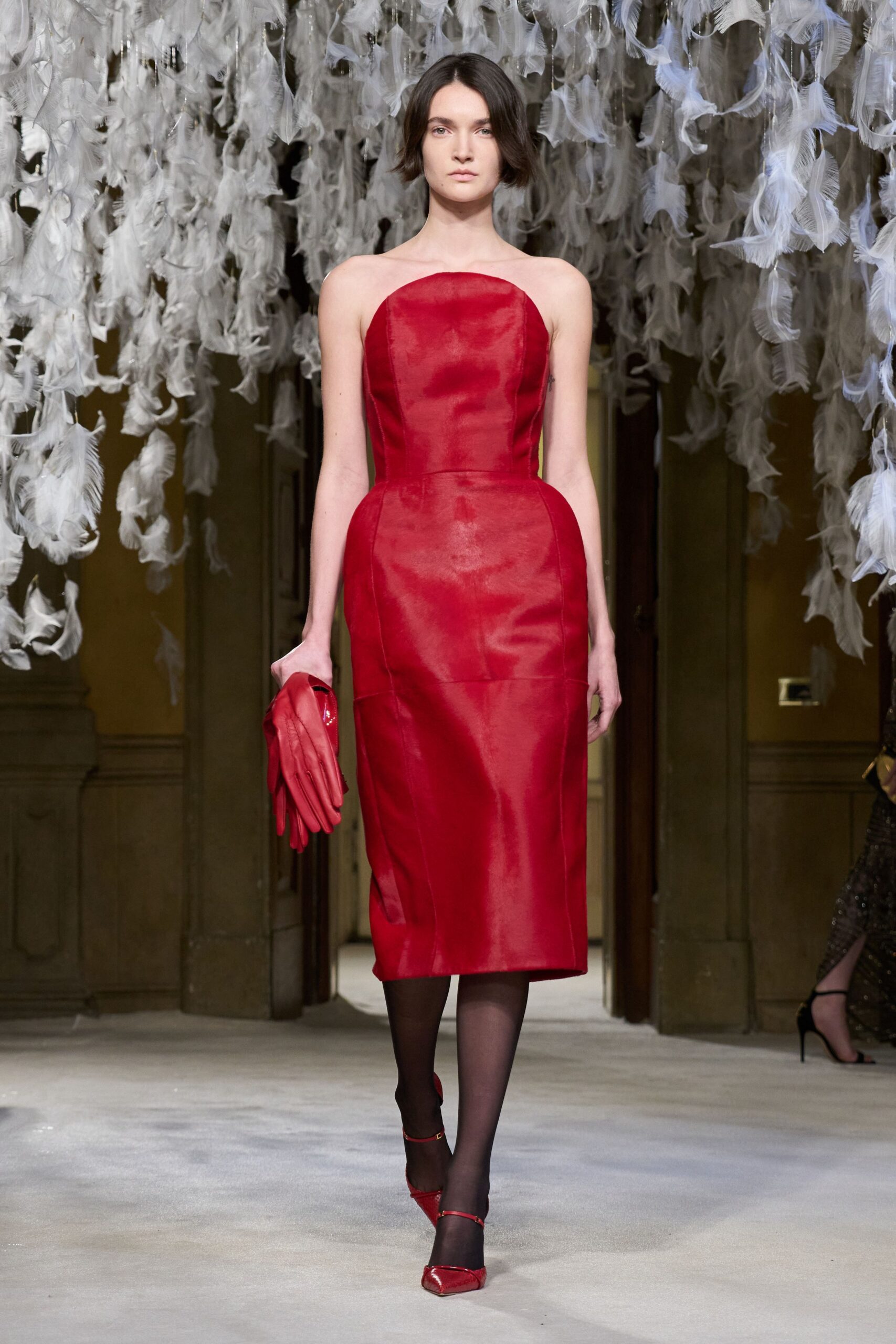 red silk strapless high-neck fitted pencil shiny dress