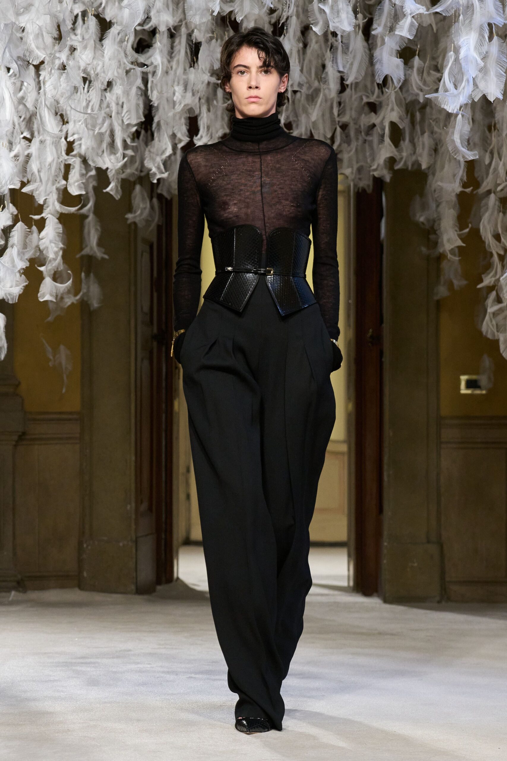 black lace long-sleeve turtleneck fitted sheer top