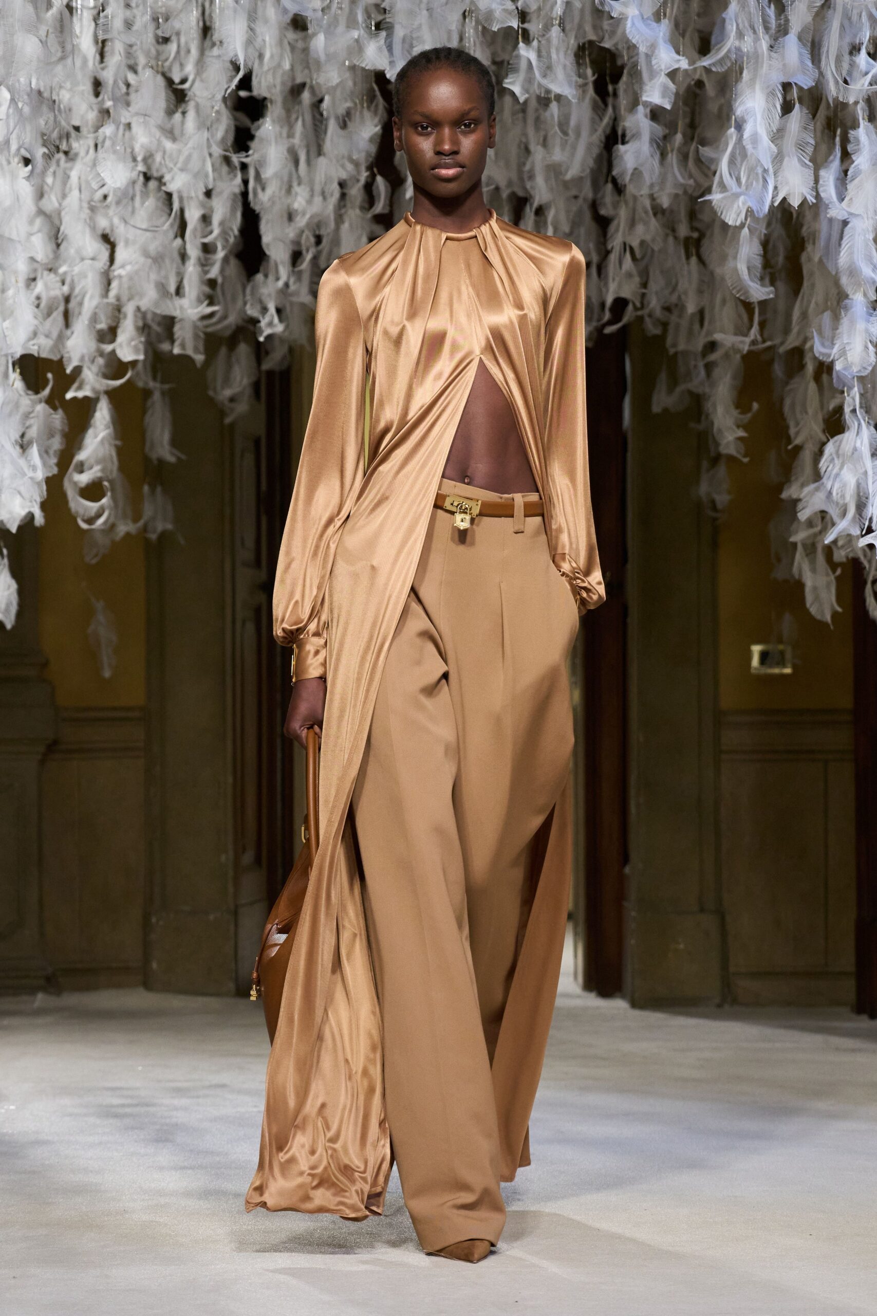 gold silk long-sleeve high-neck fitted draped top