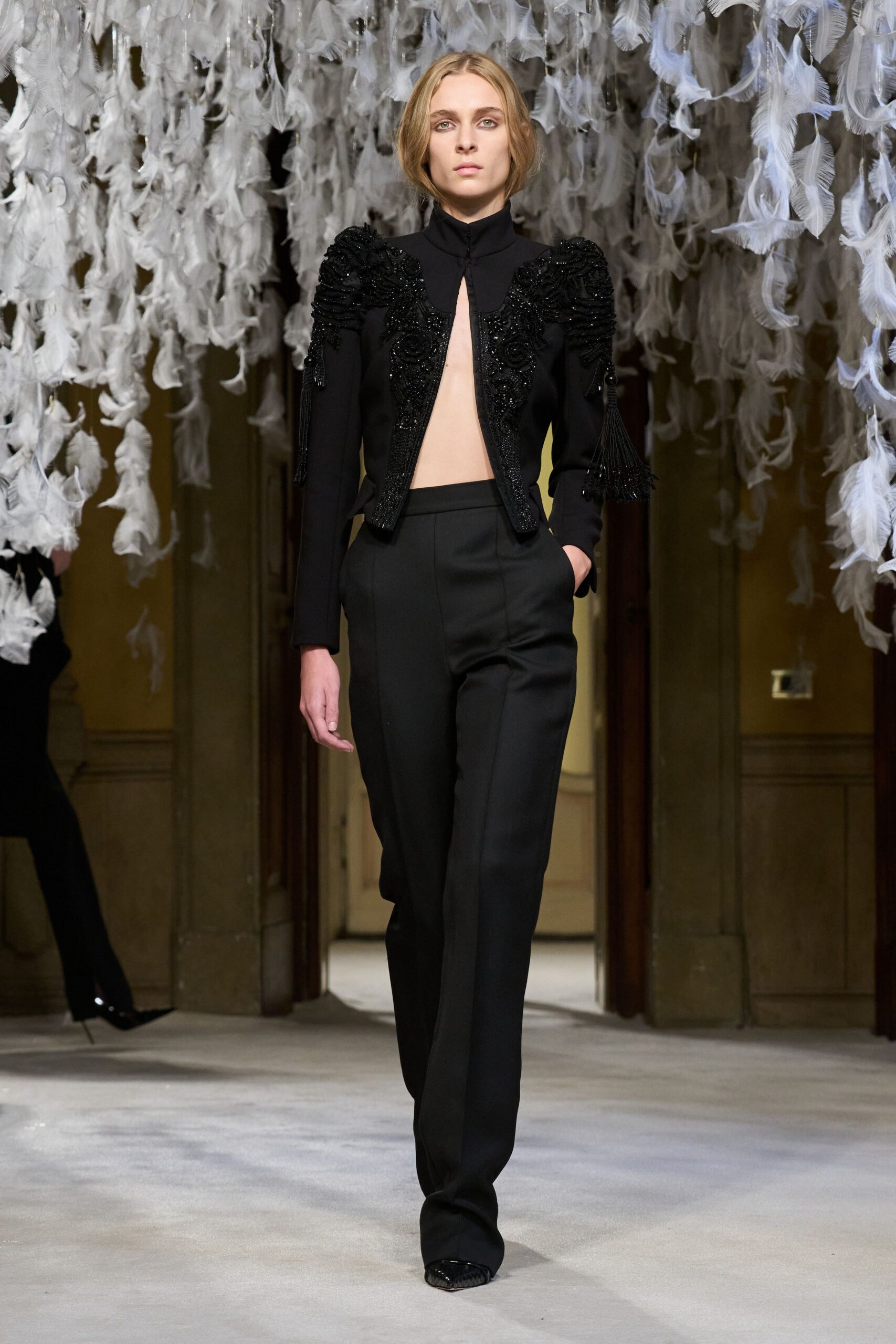 black silk long-sleeve collared fitted beaded fringed jacket