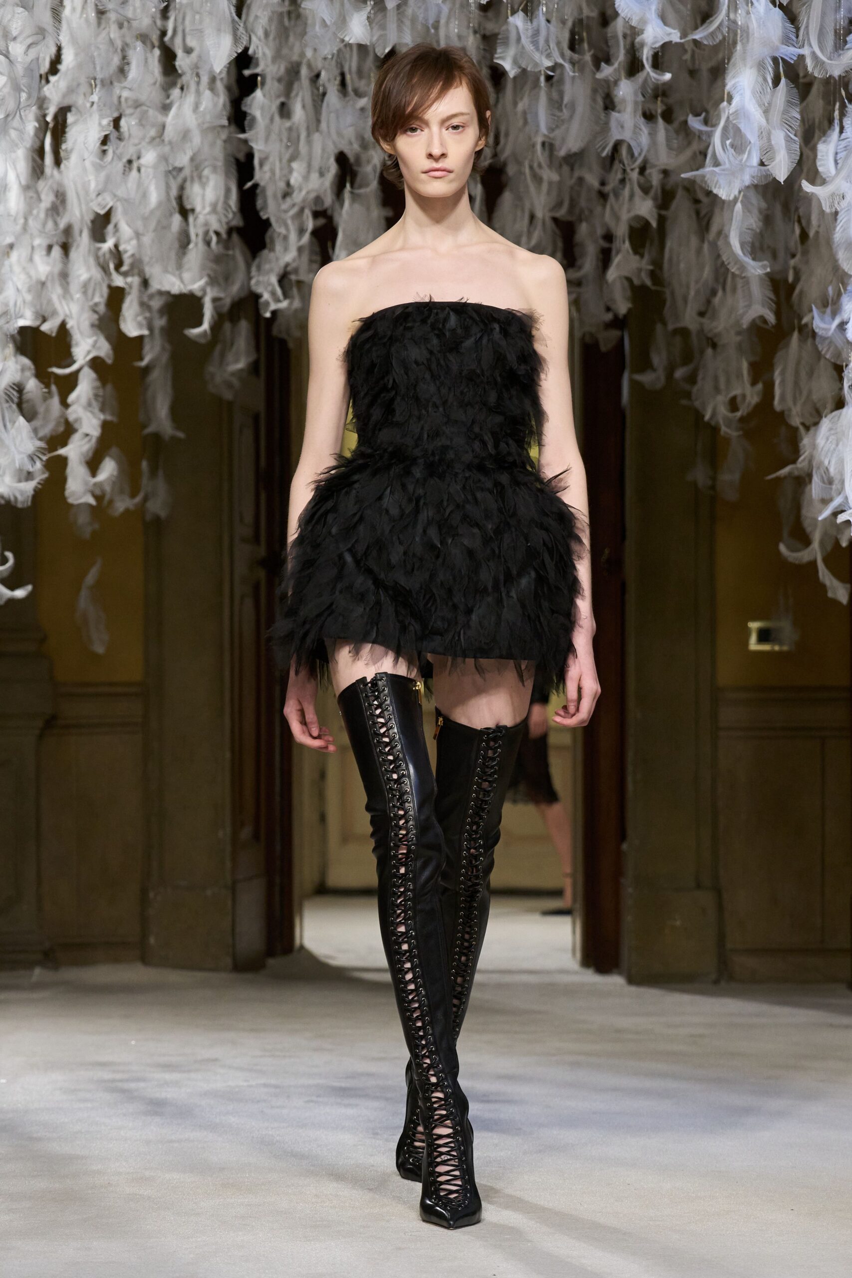 black feather strapless fitted ruffled mini dress