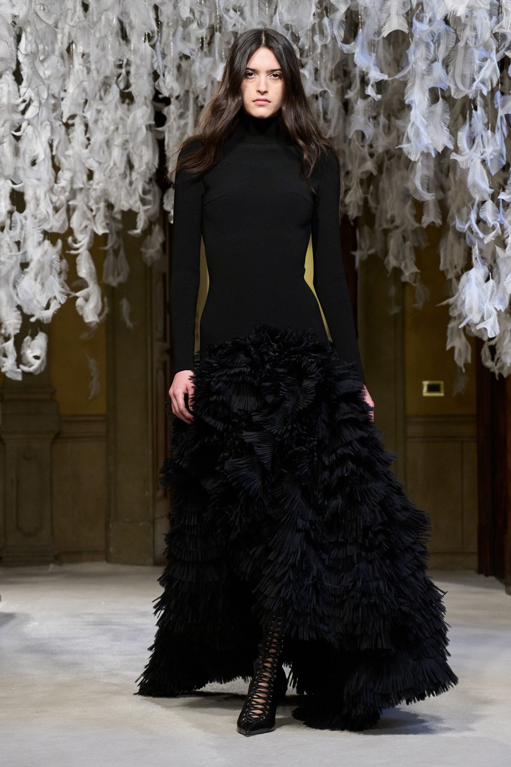 black silk long-sleeve high-neck fitted pleated layered gown